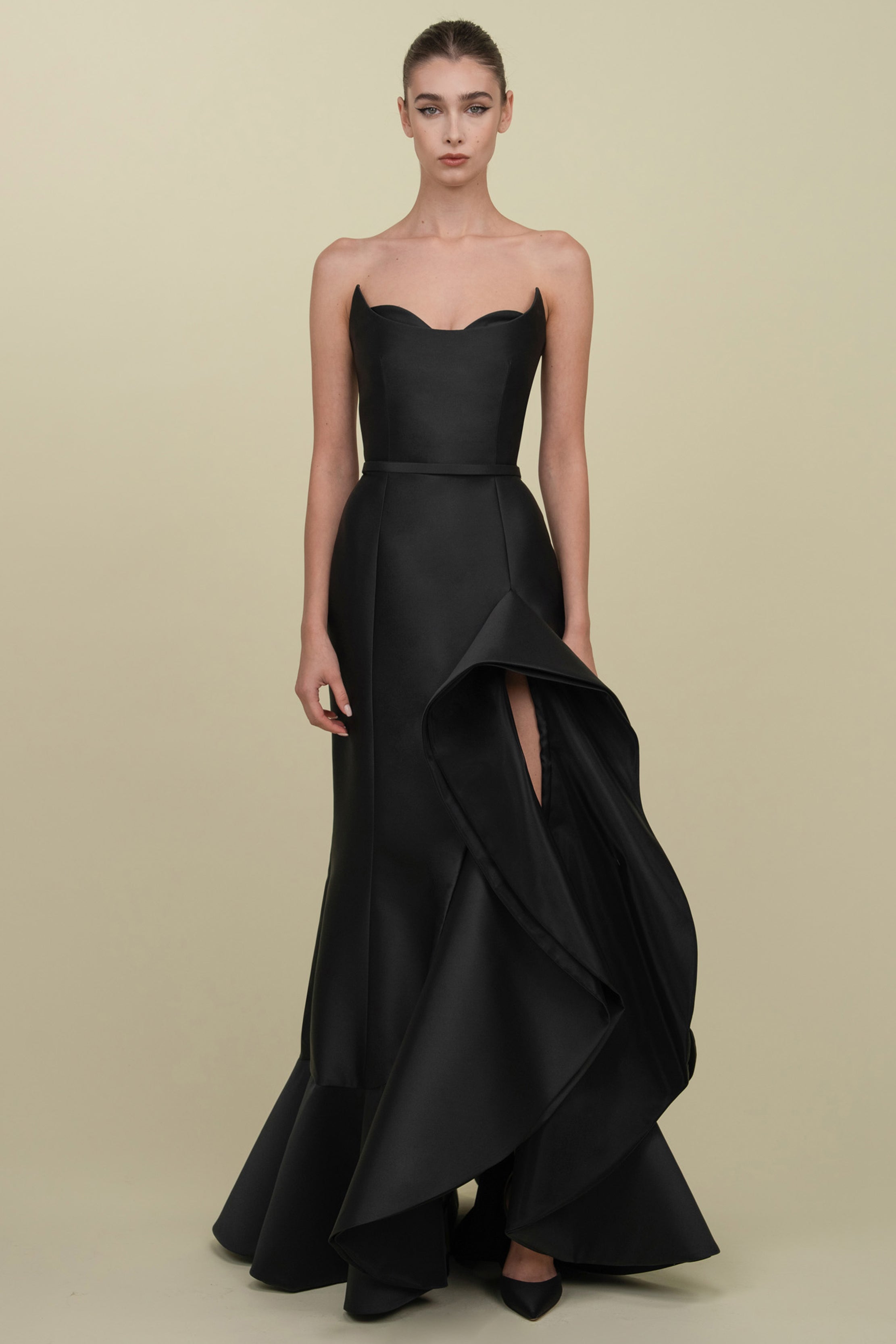 Sculptural Gown With Symmetric Ruffle Accent