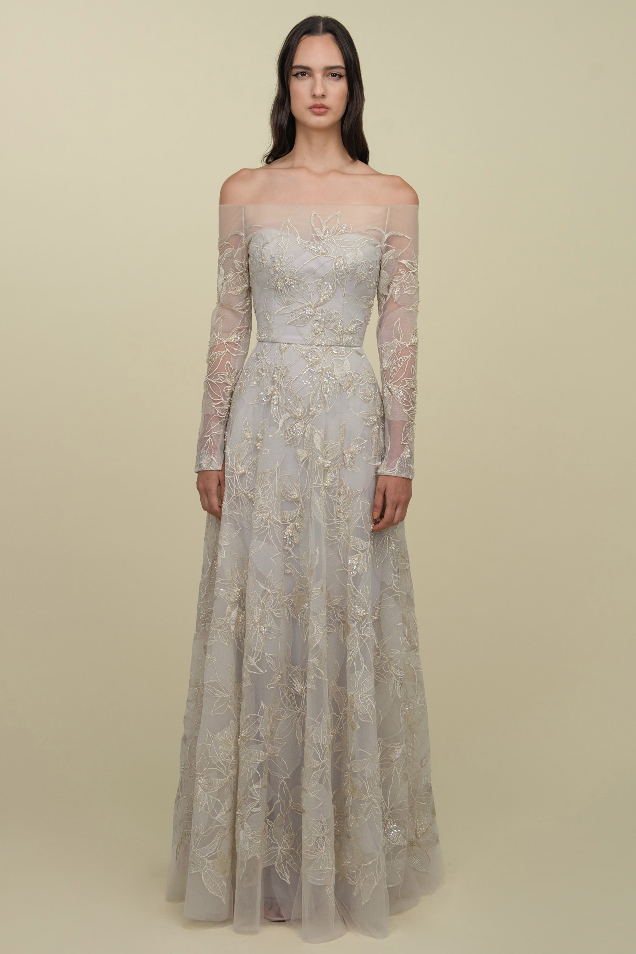 Fully Beaded Off-Shoulder Lace Gown