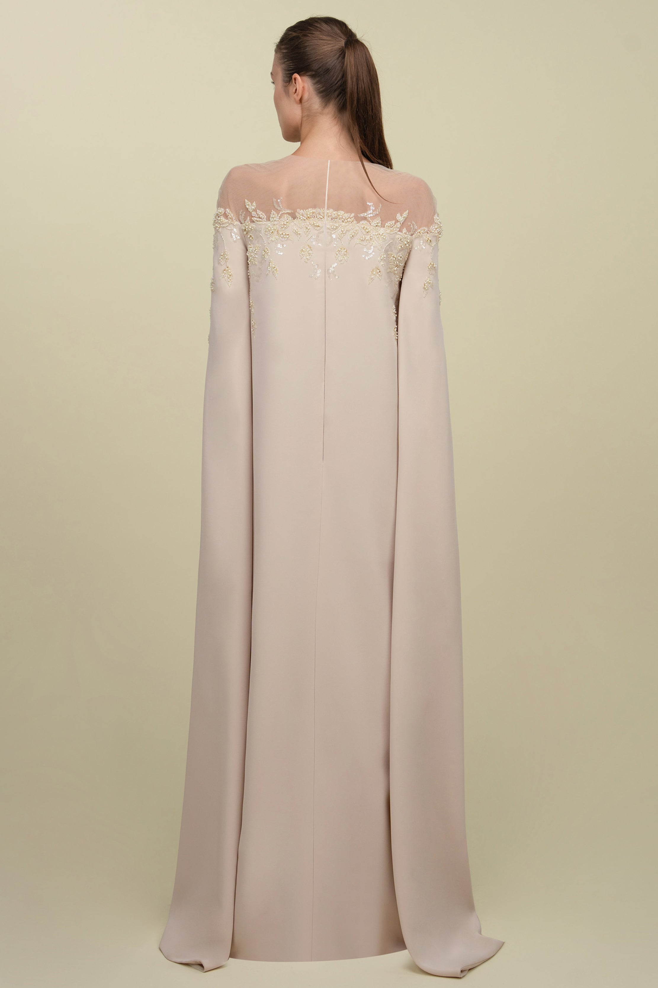 Semi-Column Beaded Gown With Floor Length Sleeves