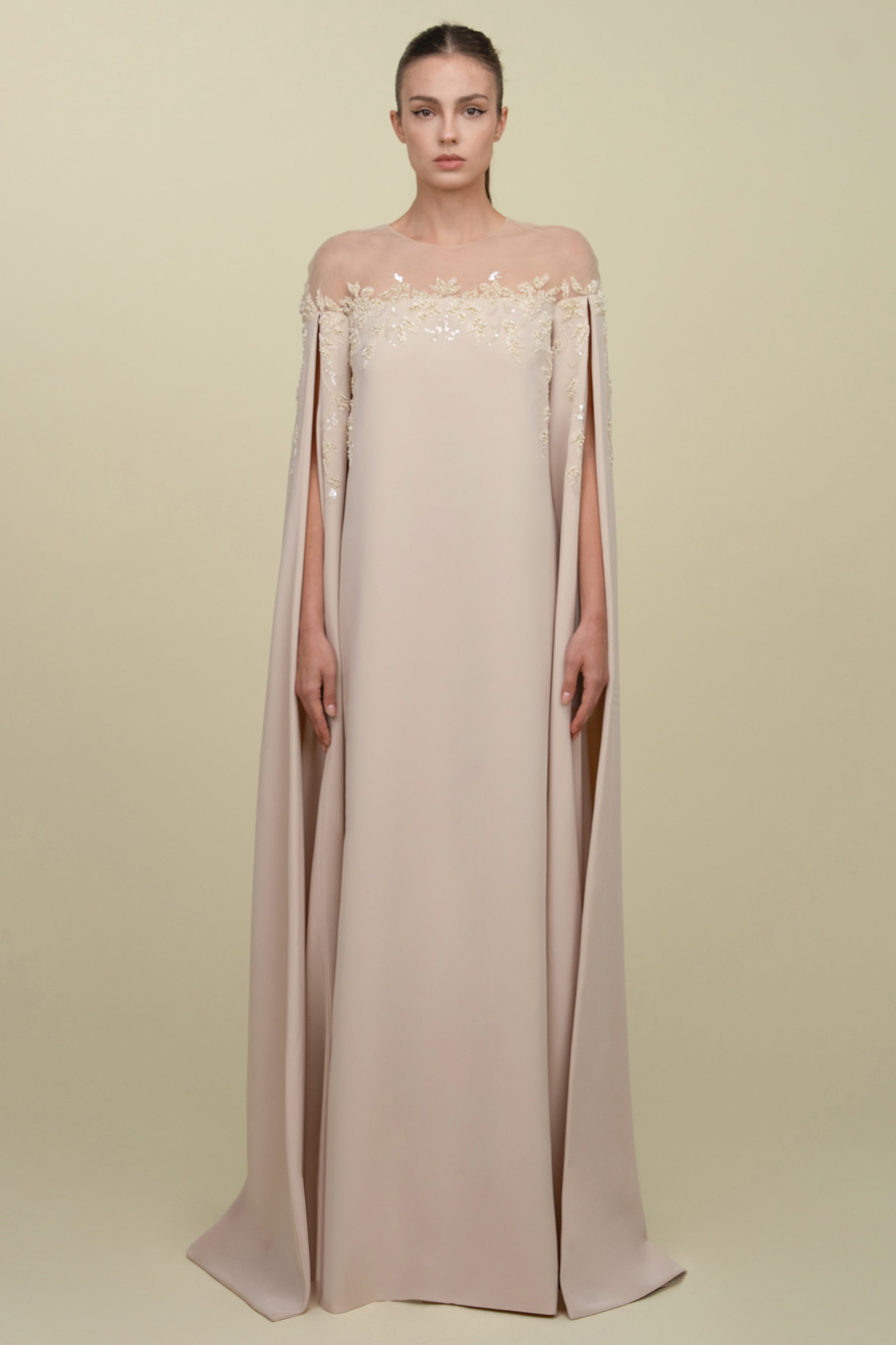 Semi-Column Beaded Gown With Floor Length Sleeves