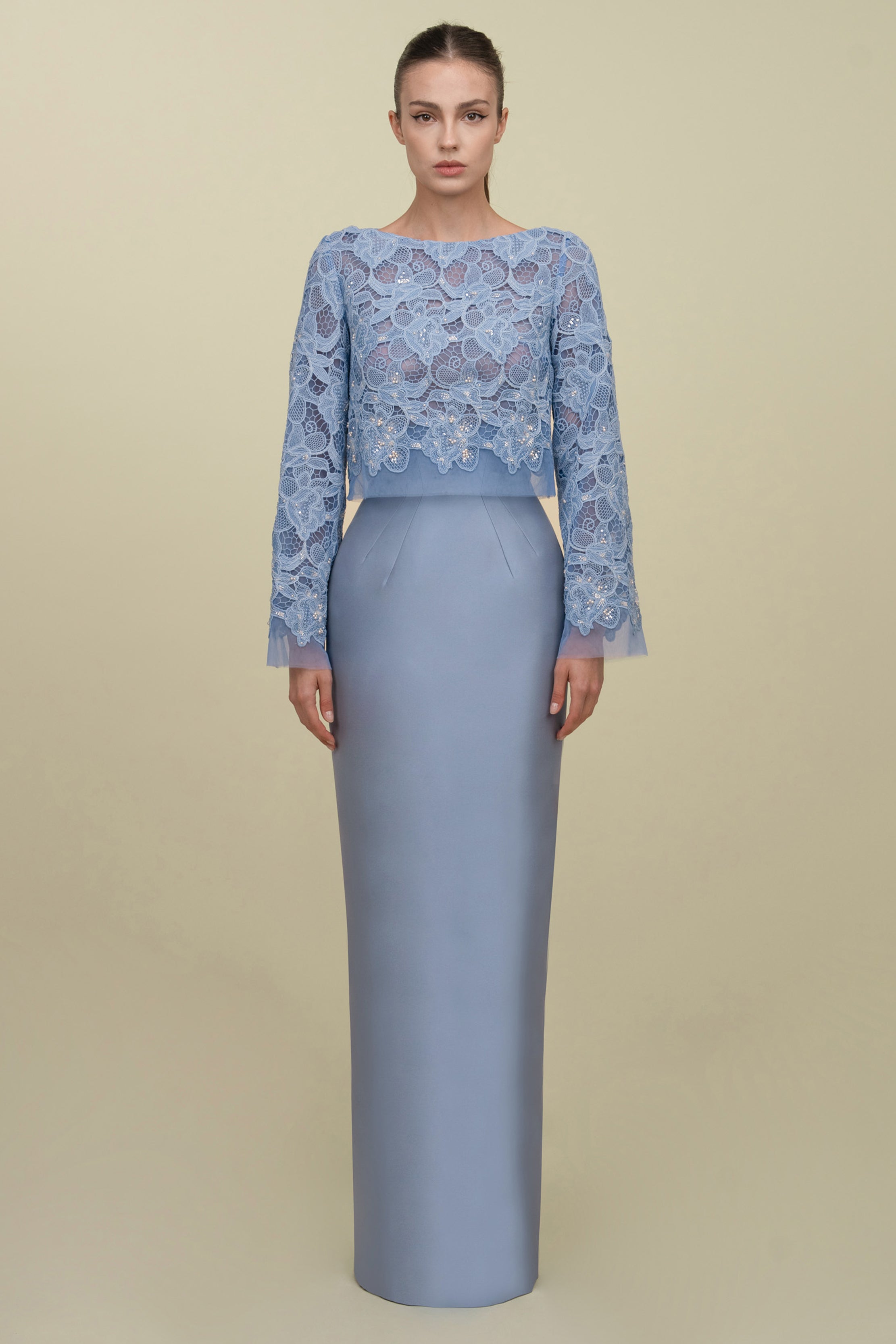 Lace Top Paired With Structured Mikado Skirt