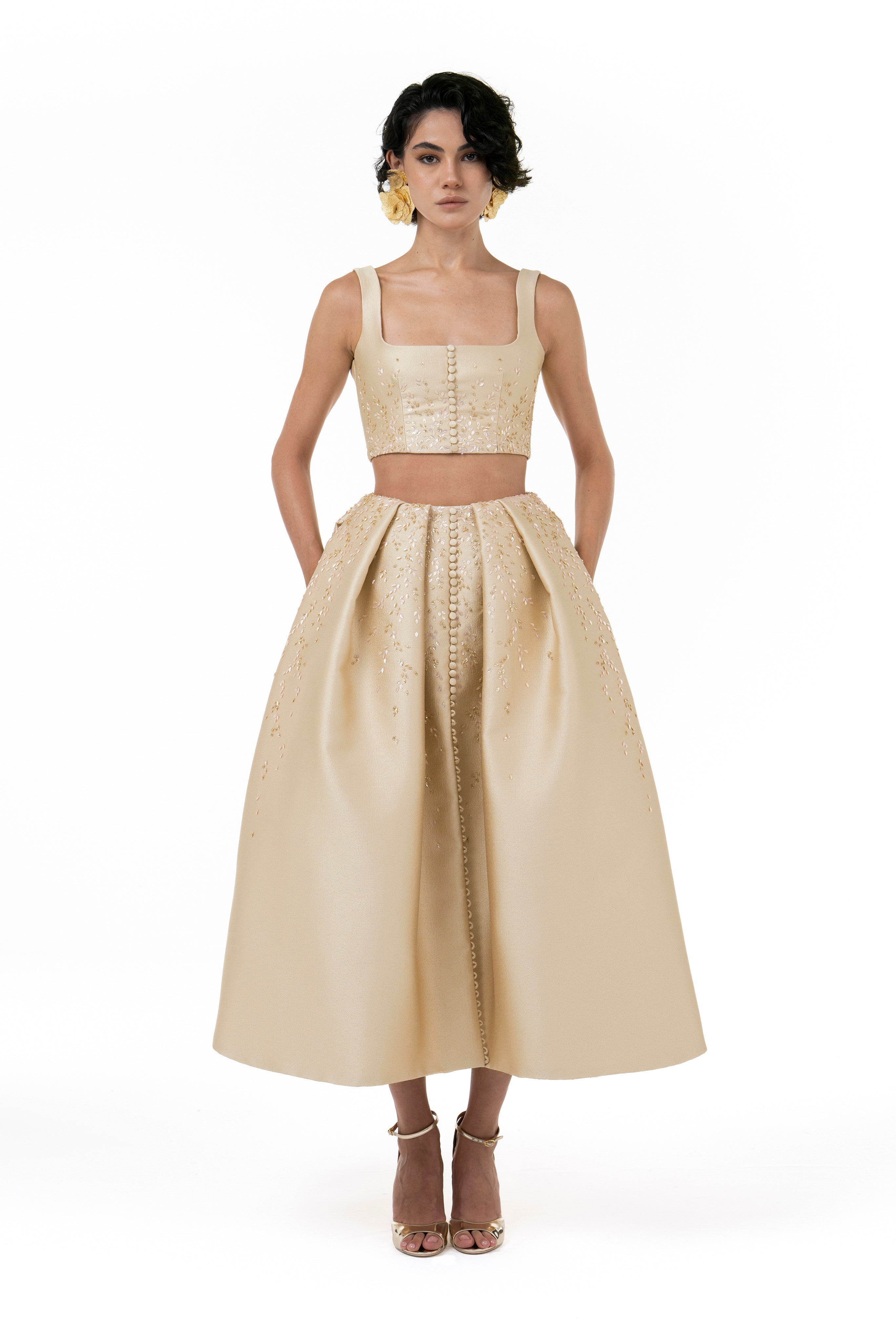 Beaded Two-Piece Ensemble - Luxury Evening Dress | Rami Al Ali Beige / FR 38 - Preorder Beaded Two-Piece Ensemble - Luxury Evening Dress | Rami Al Ali Beige / FR 38 - Preorder