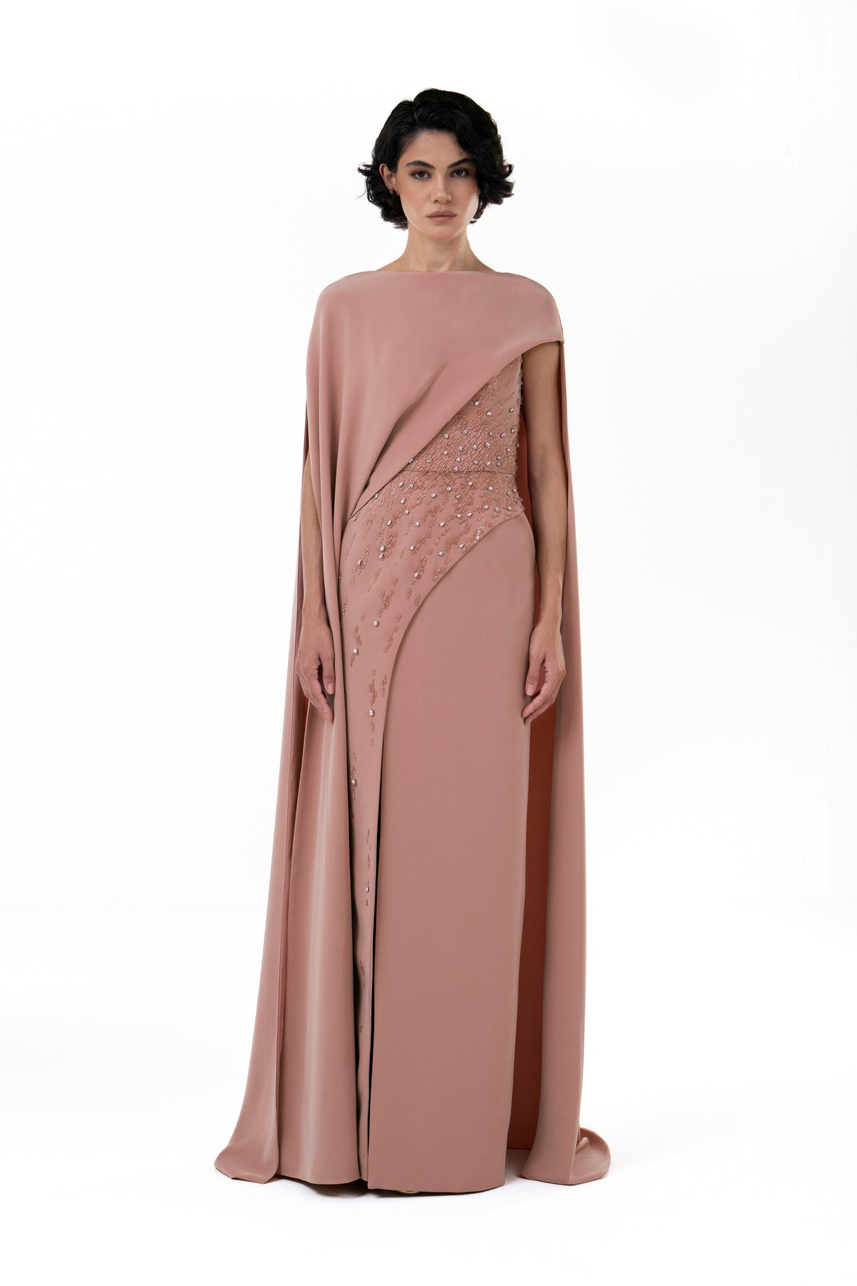 Asymmetrical Draped Gown with Cape