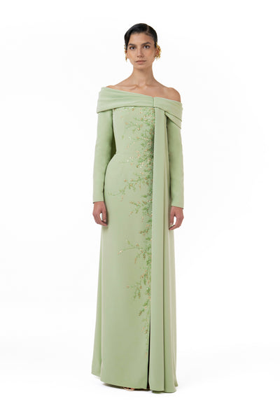 Asymmetrical Draped Beaded Cape Gown