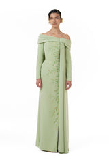 Asymmetrical Draped Beaded Cape Gown