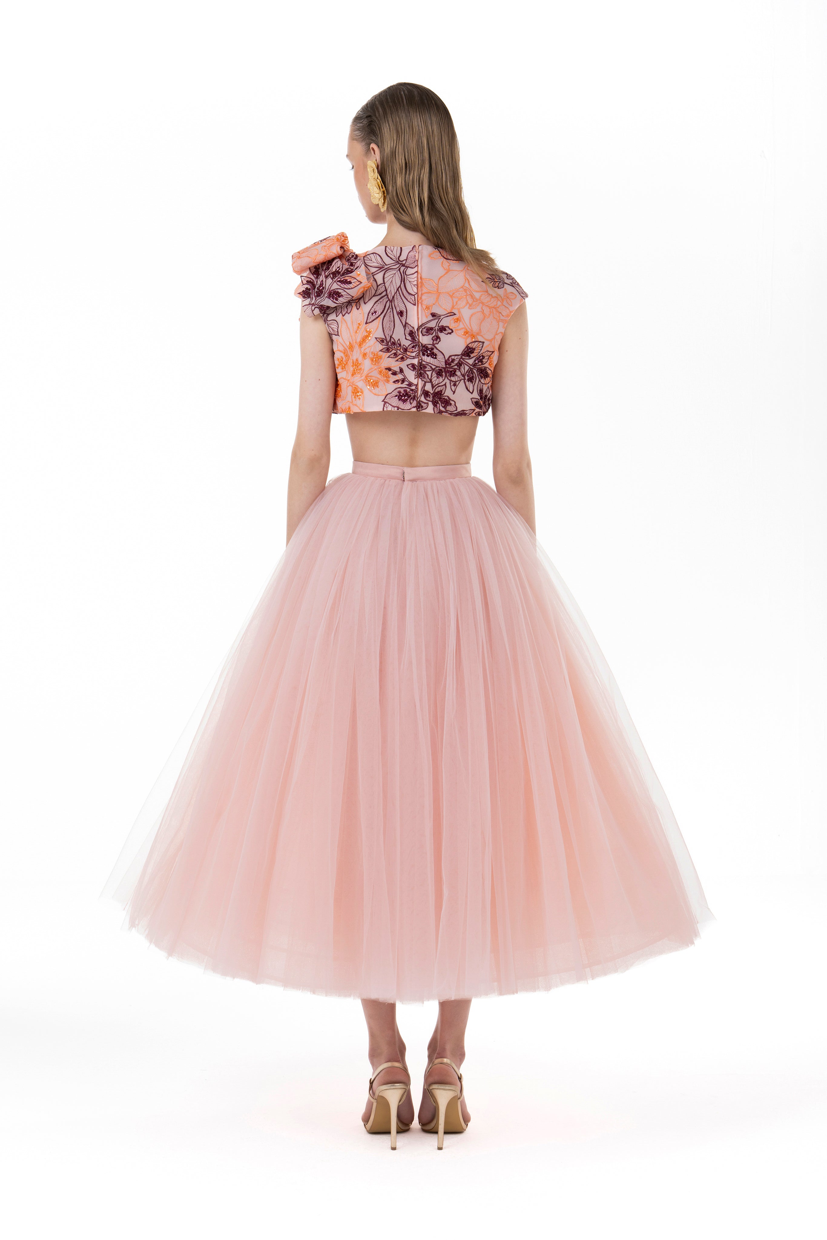 Beaded Cropped Top Paired With a Fully Gathered Tulle Skirt