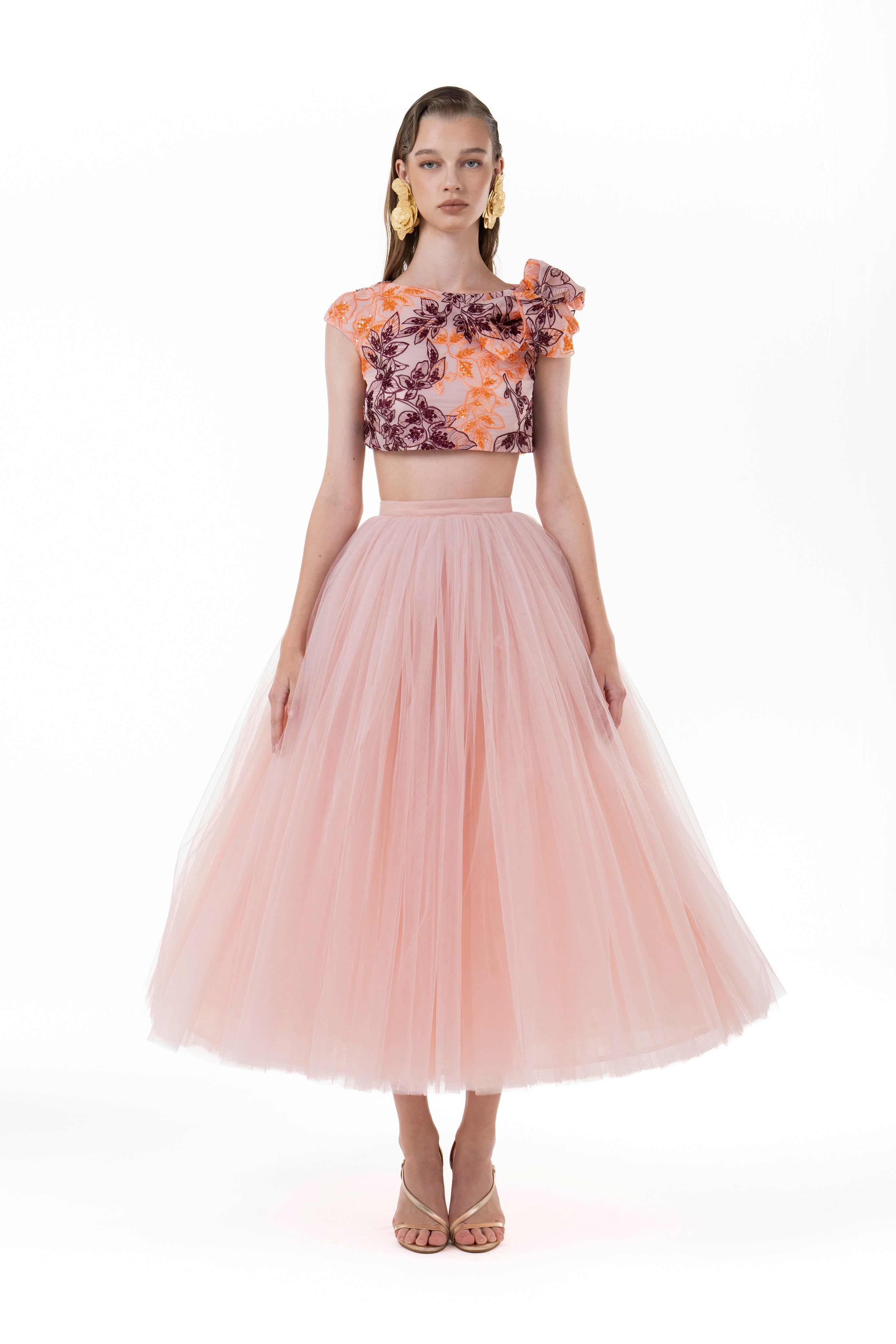 Beaded Cropped Top Paired With Tulle Skirt - Luxury Evening Dress | Rami Al Ali Pink / FR 38 - Preorder Beaded Cropped Top Paired With Tulle Skirt - Luxury Evening Dress | Rami Al Ali Pink / FR 38 - Preorder