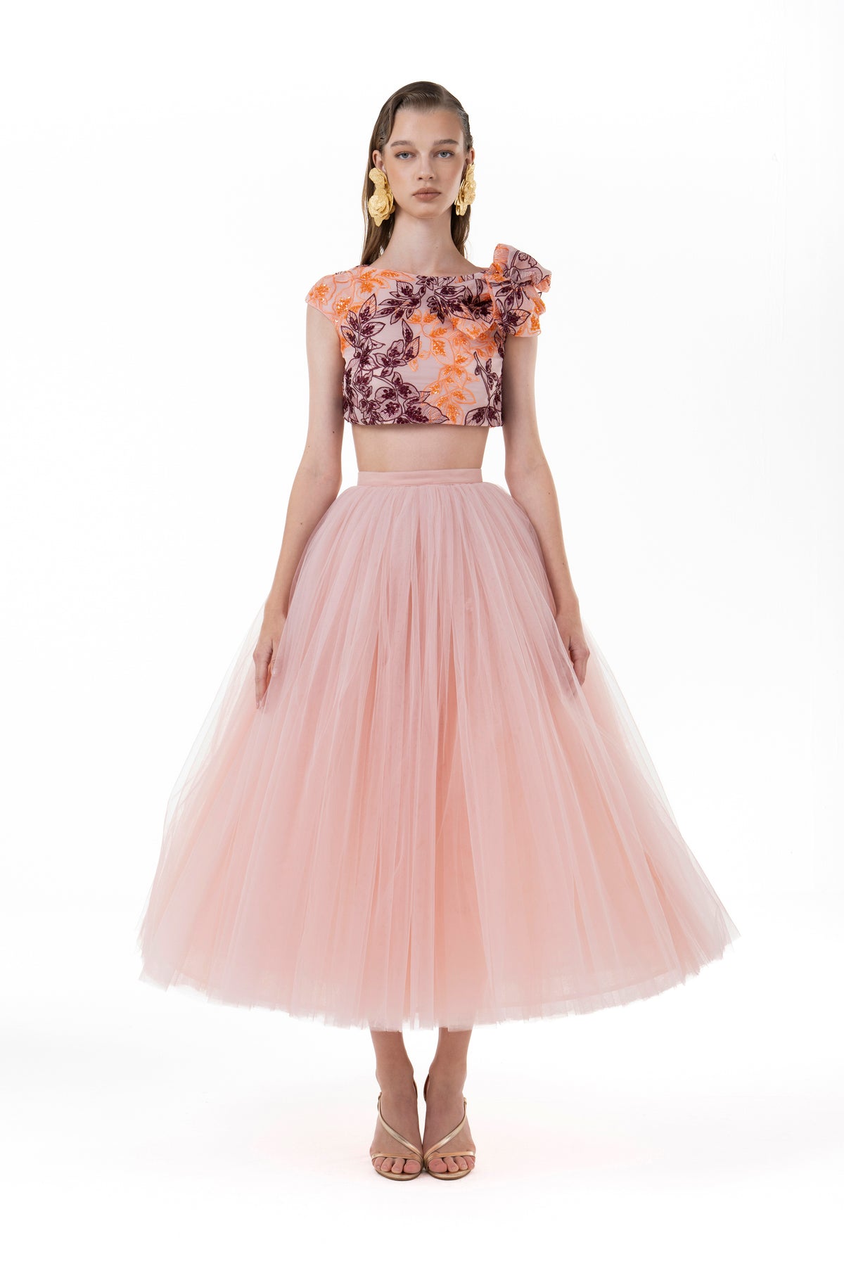 Beaded Cropped Top Paired With a Fully Gathered Tulle Skirt