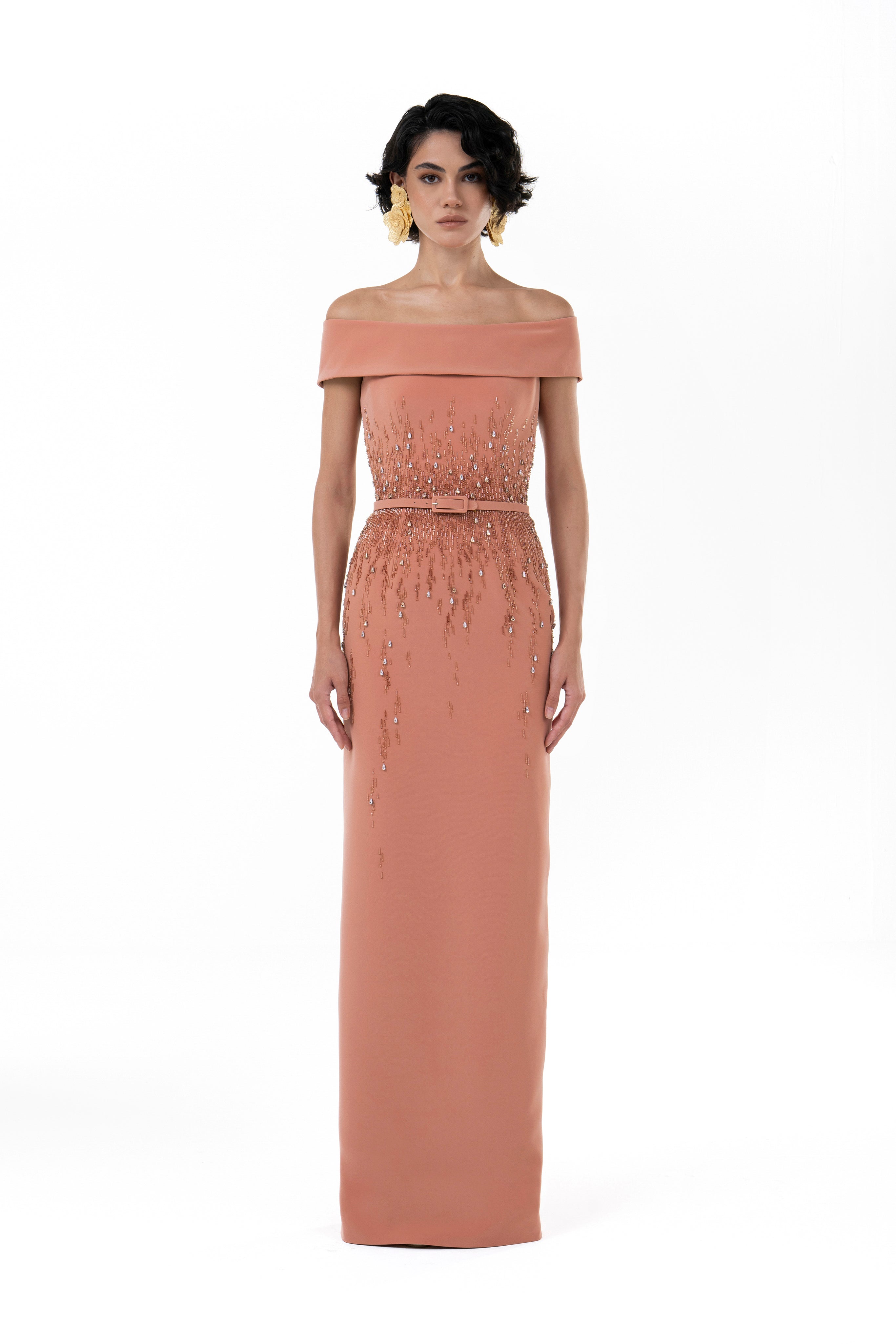 Fully Beaded Off-Shoulder Tubino Dress - Main Image