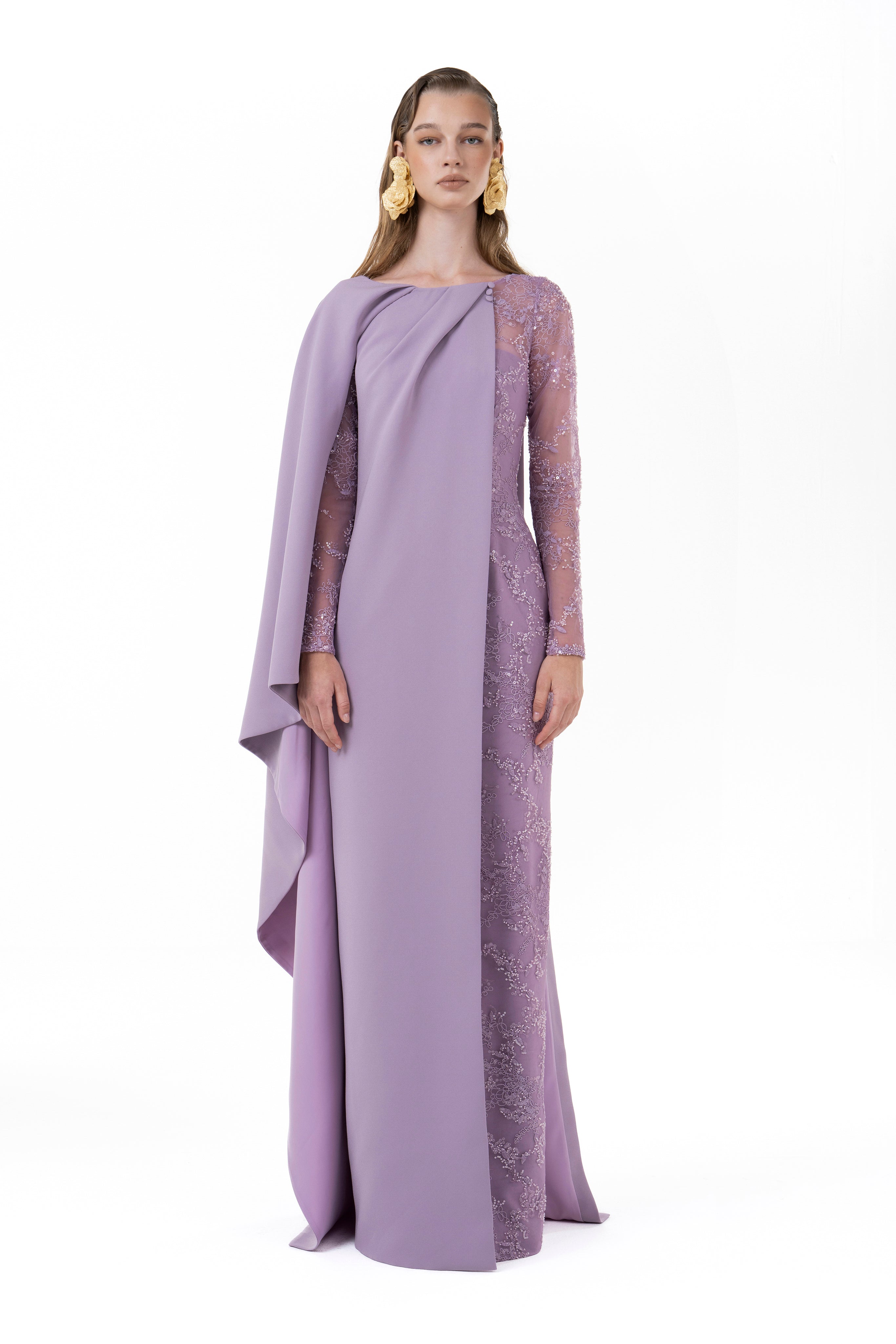 Beaded Gown With Draped Overlay Cape - Luxury Evening Dress | Rami Al Ali Purple / FR 44 - Available Beaded Gown With Draped Overlay Cape - Luxury Evening Dress | Rami Al Ali Purple / FR 44 - Available