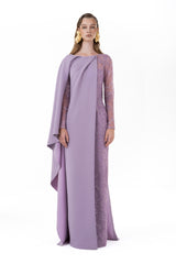 Fully Beaded Gown With Asymmetric Draped Overlay Cape