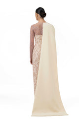 Fully Beaded Draped Gown With One-Shoulder Cape