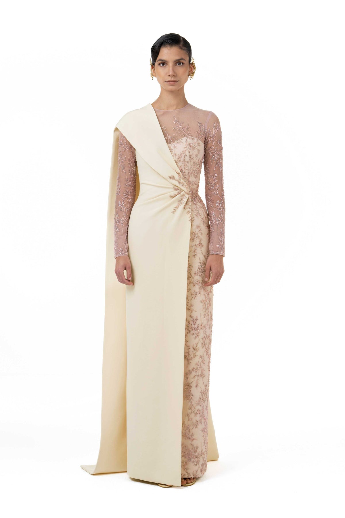 Fully Beaded Draped Gown With One-Shoulder Cape