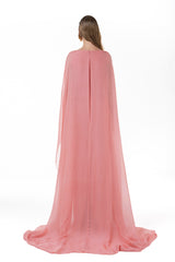 Symmetrically Pleated Tubino Gown With Chiffon Cape Overlay