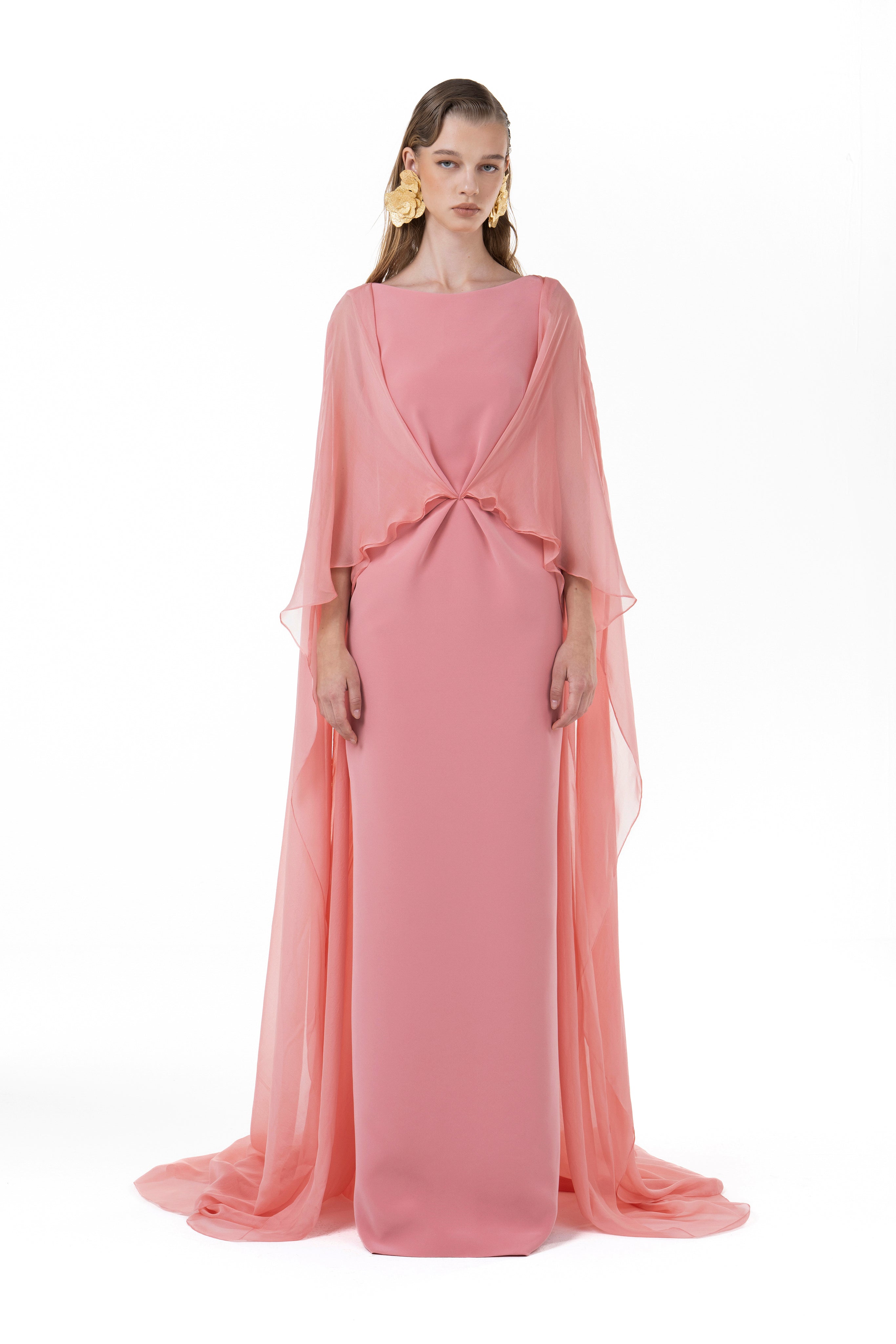 Pleated Gown With Chiffon Cape Overlay - Luxury Evening Dress | Rami Al Ali Pleated Gown With Chiffon Cape Overlay - Luxury Evening Dress | Rami Al Ali