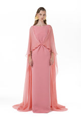 Symmetrically Pleated Tubino Gown With Chiffon Cape Overlay