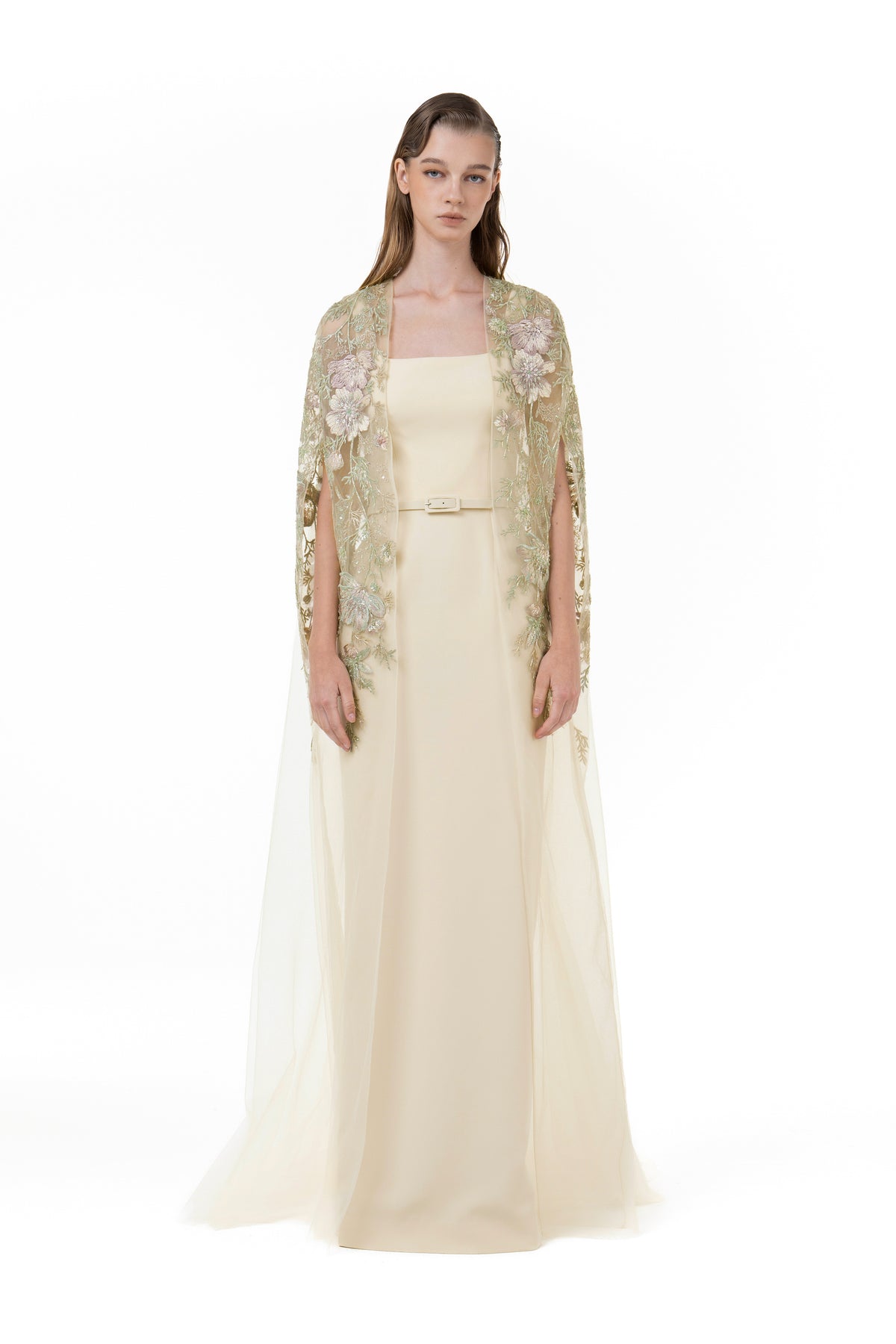 Tubino Gown With Embroidered Tulle Cape