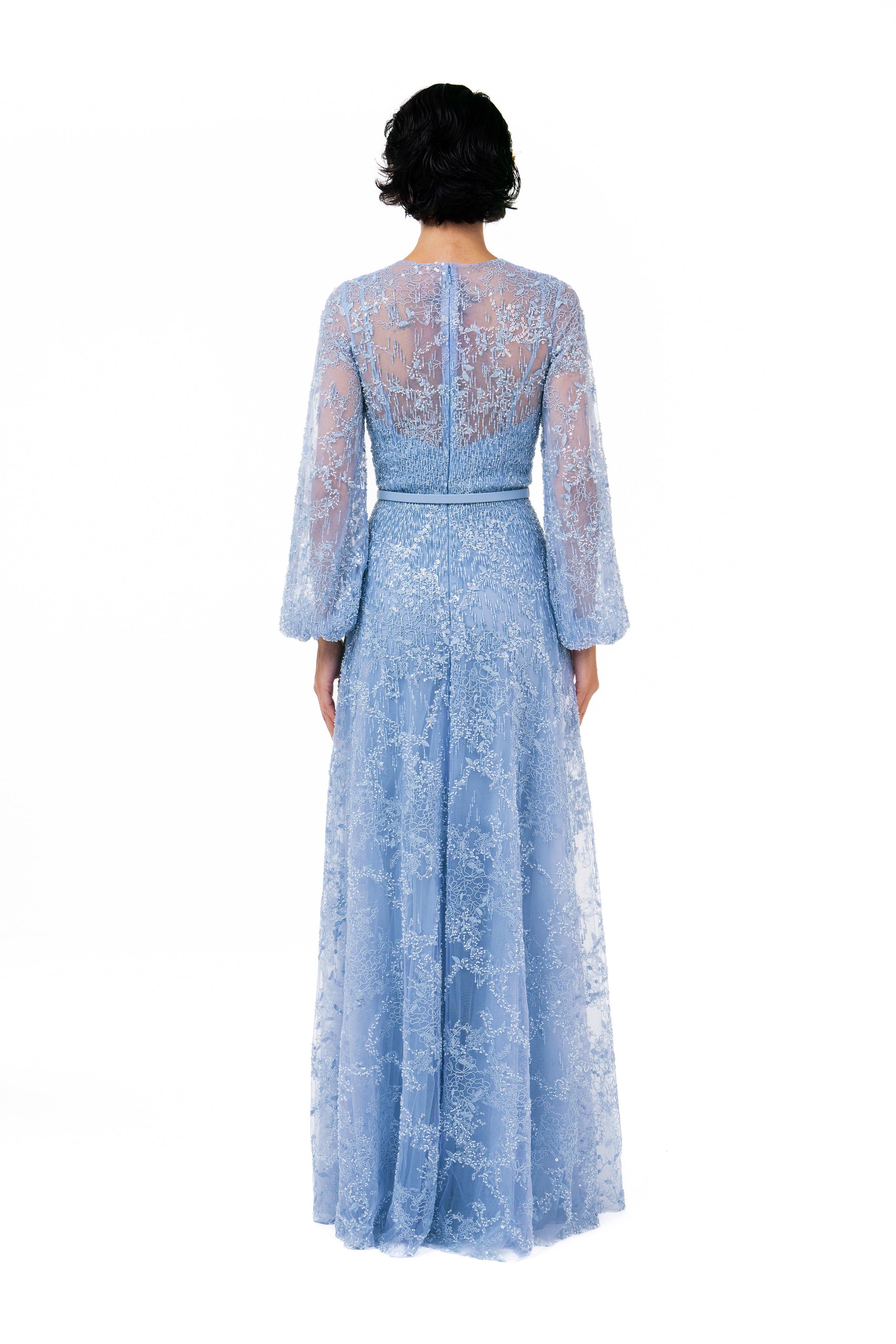 Fully Beaded Overlap Gown With Bishop Sleeves