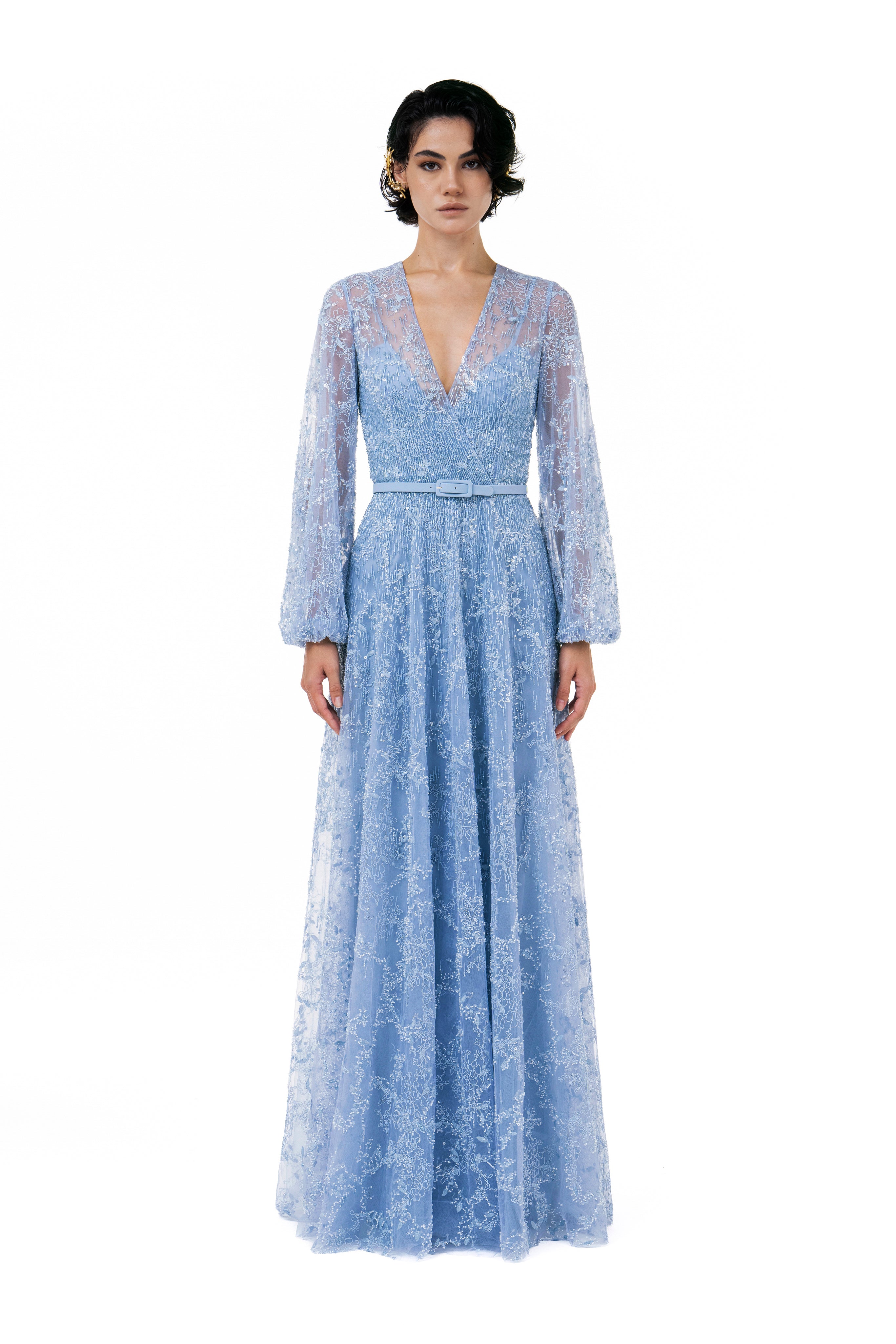 Fully Beaded Overlap Gown With Bishop Sleeves