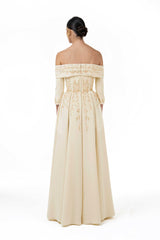 Fully Beaded Off-Shoulder Gown With Paneled A-line Skirt