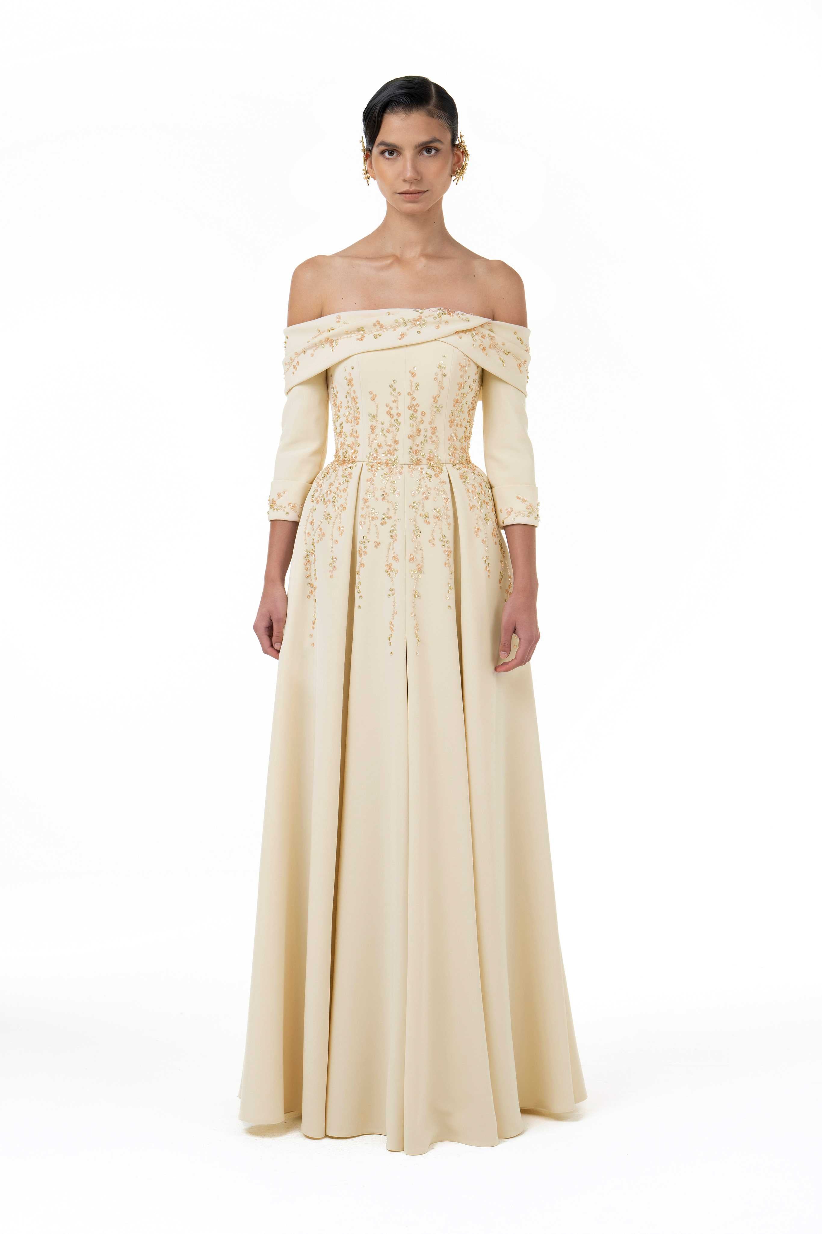 Fully Beaded Off-Shoulder Gown With Paneled A-line Skirt Beige / FR 42 - Preorder Fully Beaded Off-Shoulder Gown With Paneled A-line Skirt Beige / FR 42 - Preorder