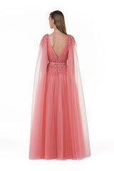 Draped Tulle Embroidered Gown