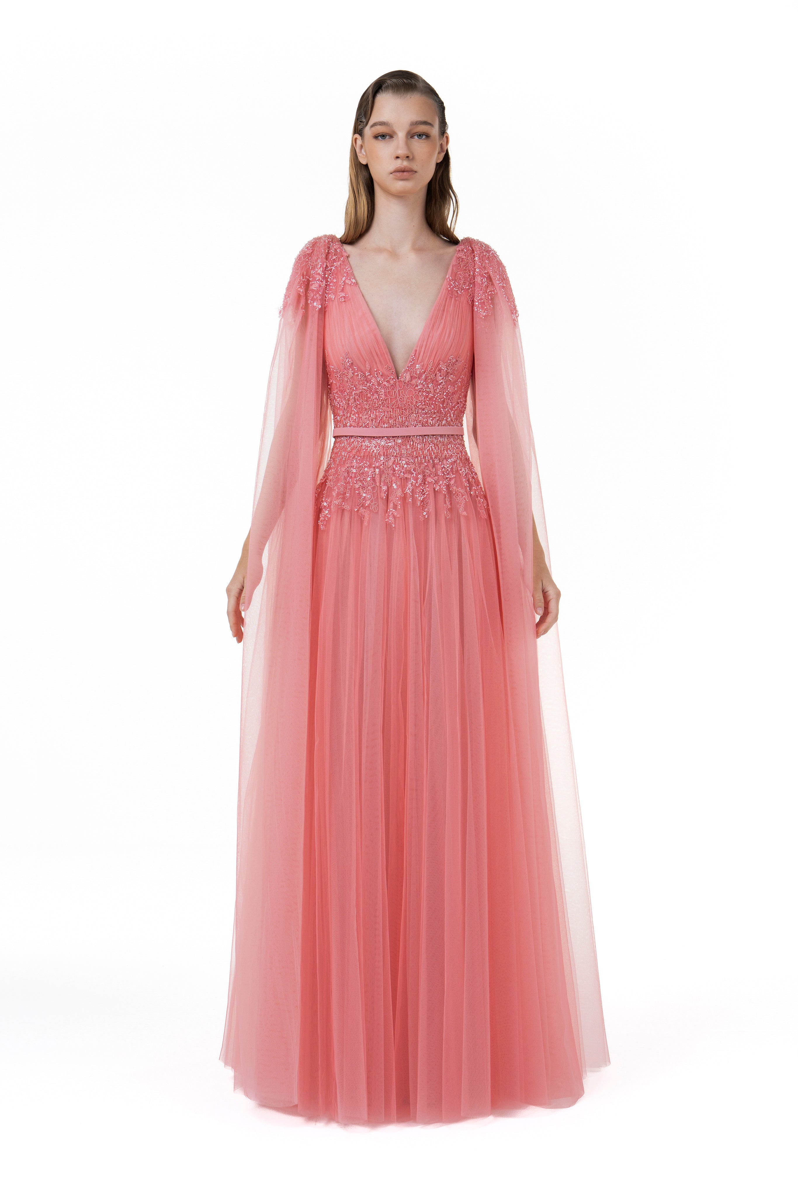 Draped Tulle Embroidered Gown