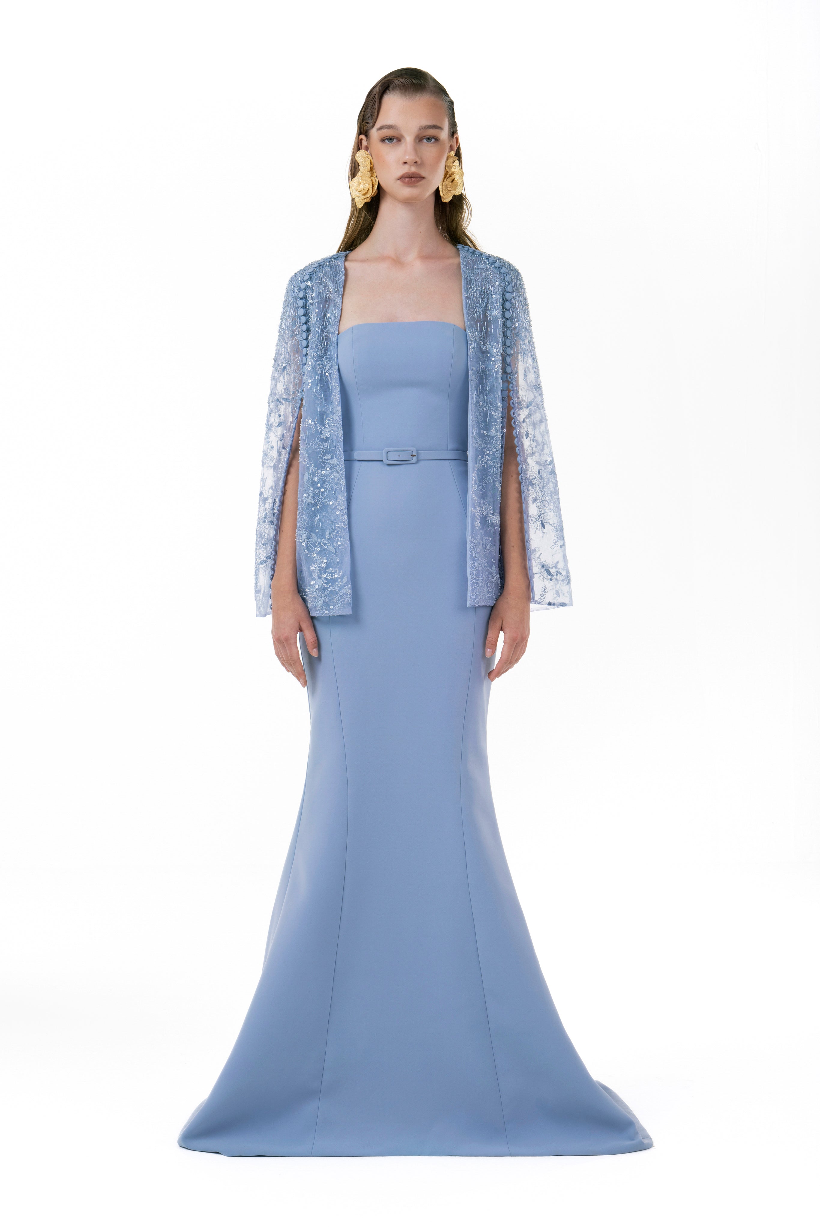 Mermaid Gown With Fully Beaded Short Cape Overlay - Luxury Evening Dress | Rami Al Ali Blue / FR 40 - Preorder Mermaid Gown With Fully Beaded Short Cape Overlay - Luxury Evening Dress | Rami Al Ali Blue / FR 40 - Preorder
