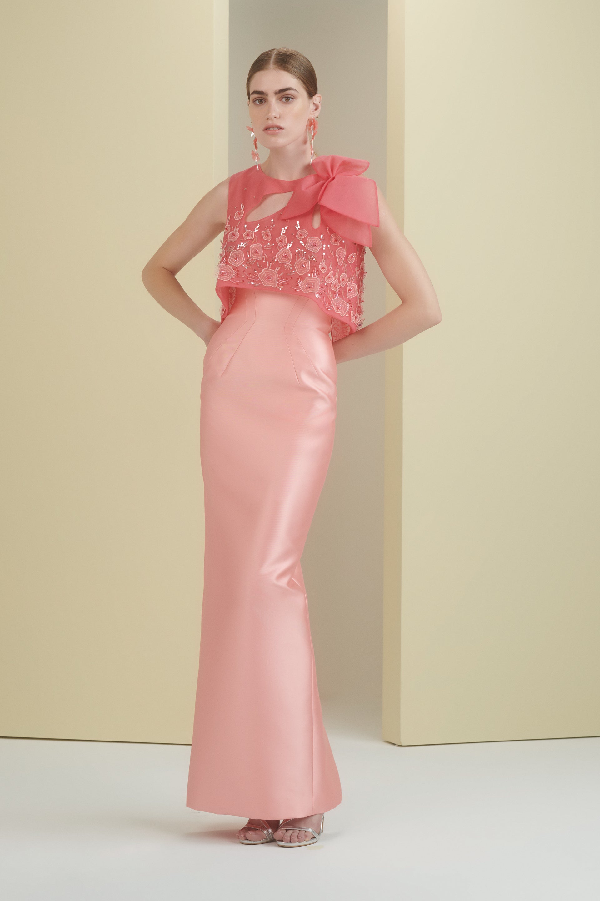 tulle top, column skirt, cut outs, beaded top, long dress, evening seperates, top with bow, peach skirt, red top, fitted skirt, beaded dress, 3d embellished top, red carpet outfit, ready to wear designer, evening dress Dubai, buy dress Dubai, fashion designer Dubai, SS24 collection, Spring summer collection, gala dress