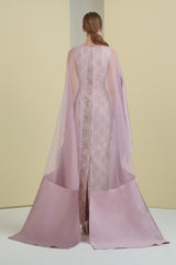 mother of the bride, cape dress, column dress, seperates, cape, tulle cape, long dress, evening dress, lavender, fitted dress, beading dress, waterfall cape, 3d embellished dress, red carpet dress, strapless dress, ready to wear designer, evening dress Dubai, buy dress Dubai, fashion designer Dubai, SS24 collection, Spring summer collection, gala dress