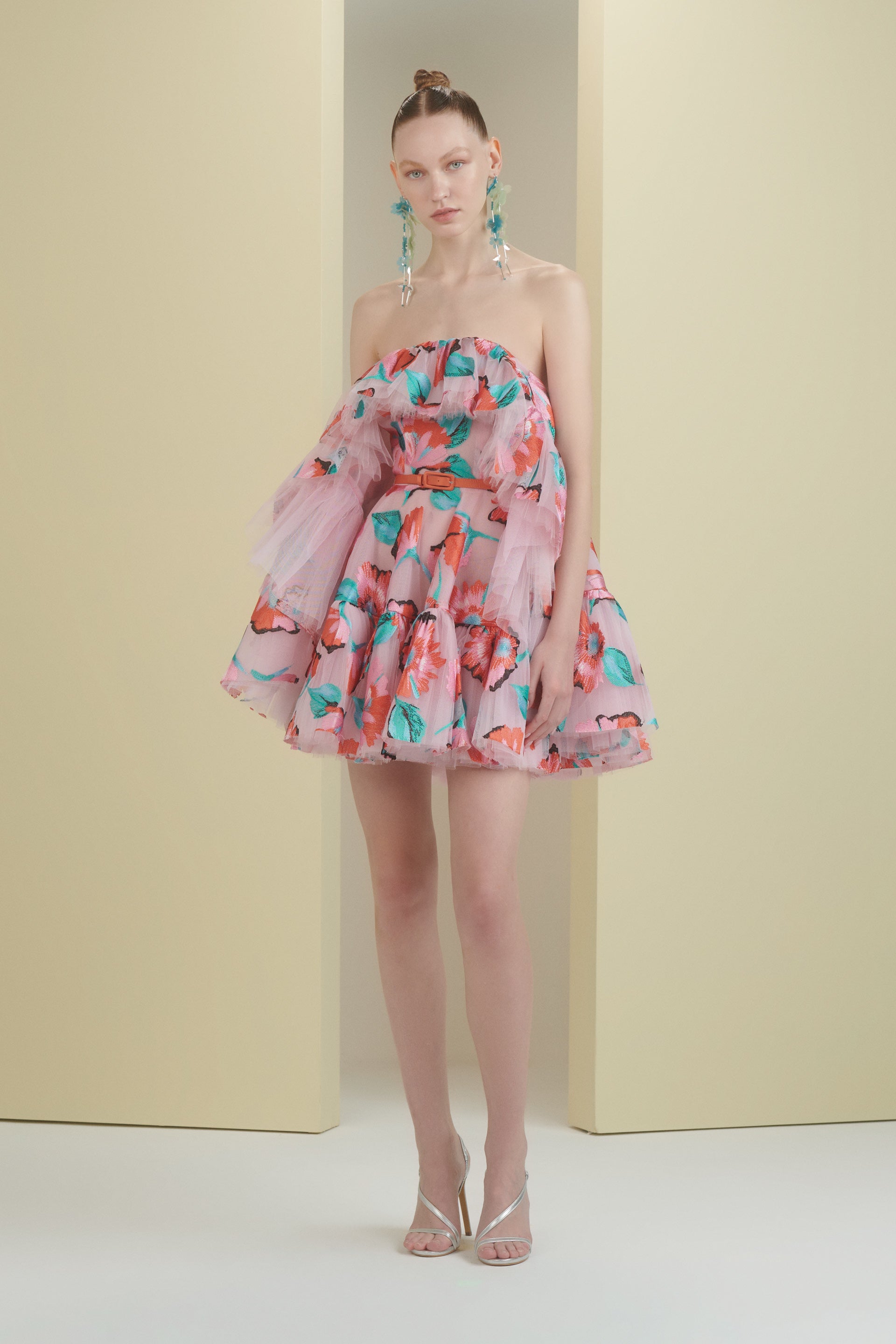 party dress, mini dress, floral, tulle mini dress, colourful, pink dress, box dress, flowers, embroidery, red carpet dress, strapless dress, ready to wear designer, evening dress Dubai, buy dress Dubai, fashion designer Dubai, SS24 collection, Spring summer collection, gala dress
