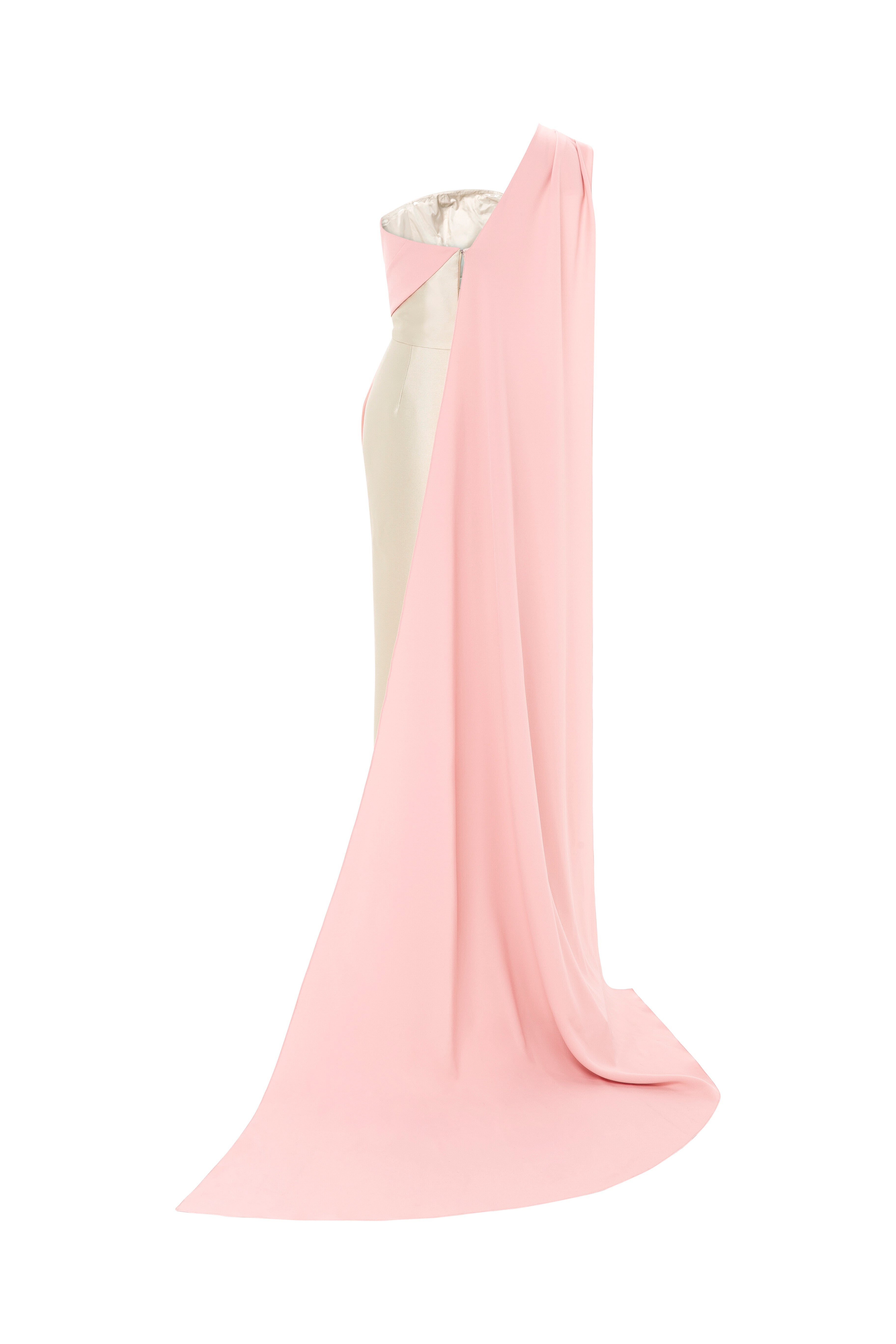 one shoulder, cape dress, column dress, long dress, evening dress, full length, cream dress, peach dress, bow, beading dress, one shoulder cape dress, fitted dress, 3d embellished dress, asymmetrical neckline, red carpet dress, strapless dress, ready to wear designer, evening dress Dubai, buy dress Dubai, fashion designer Dubai, SS24 collection, Spring summer collection, gala dress