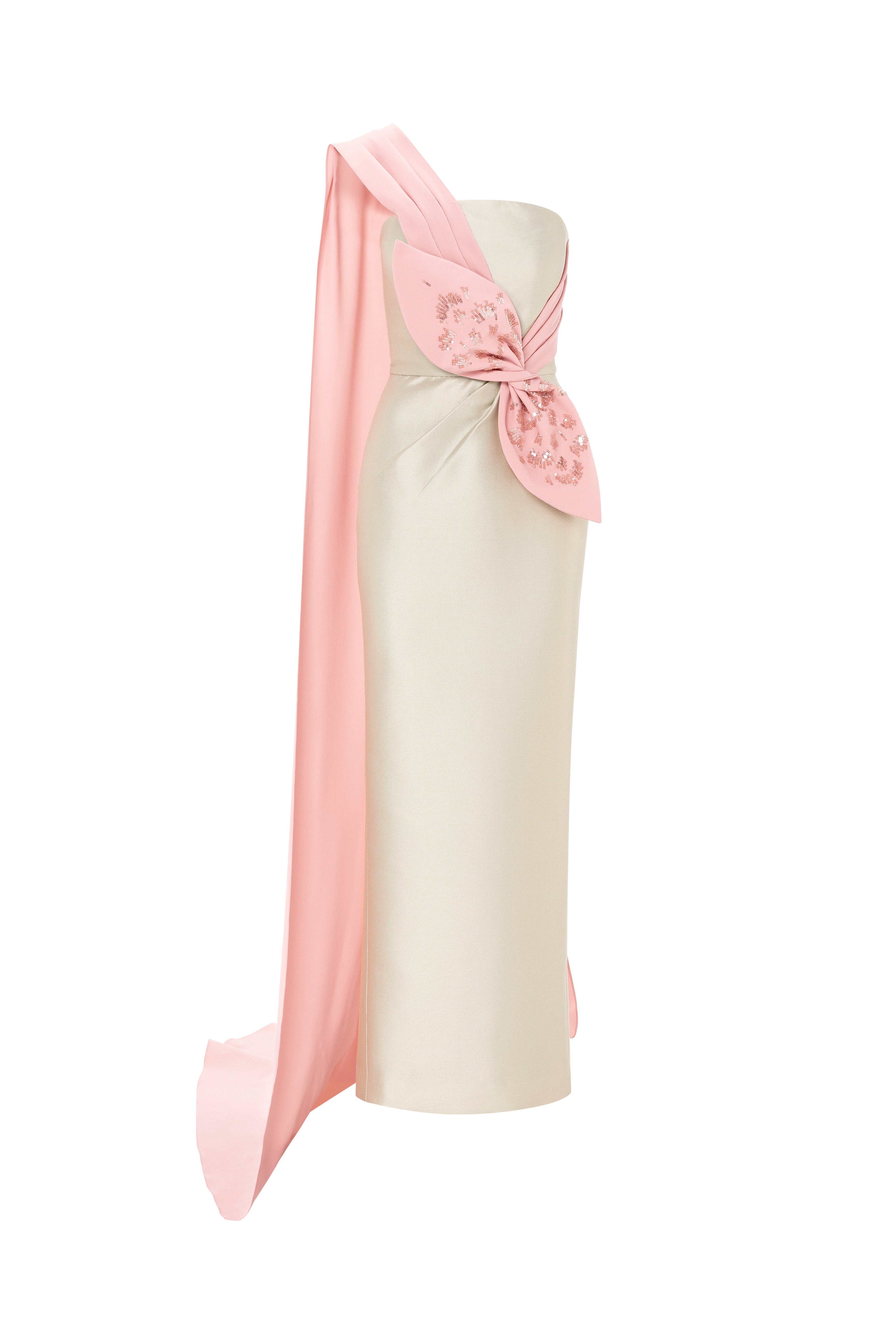 one shoulder, cape dress, column dress, long dress, evening dress, full length, cream dress, peach dress, bow, beading dress, one shoulder cape dress, fitted dress, 3d embellished dress, asymmetrical neckline, red carpet dress, strapless dress, ready to wear designer, evening dress Dubai, buy dress Dubai, fashion designer Dubai, SS24 collection, Spring summer collection, gala dress