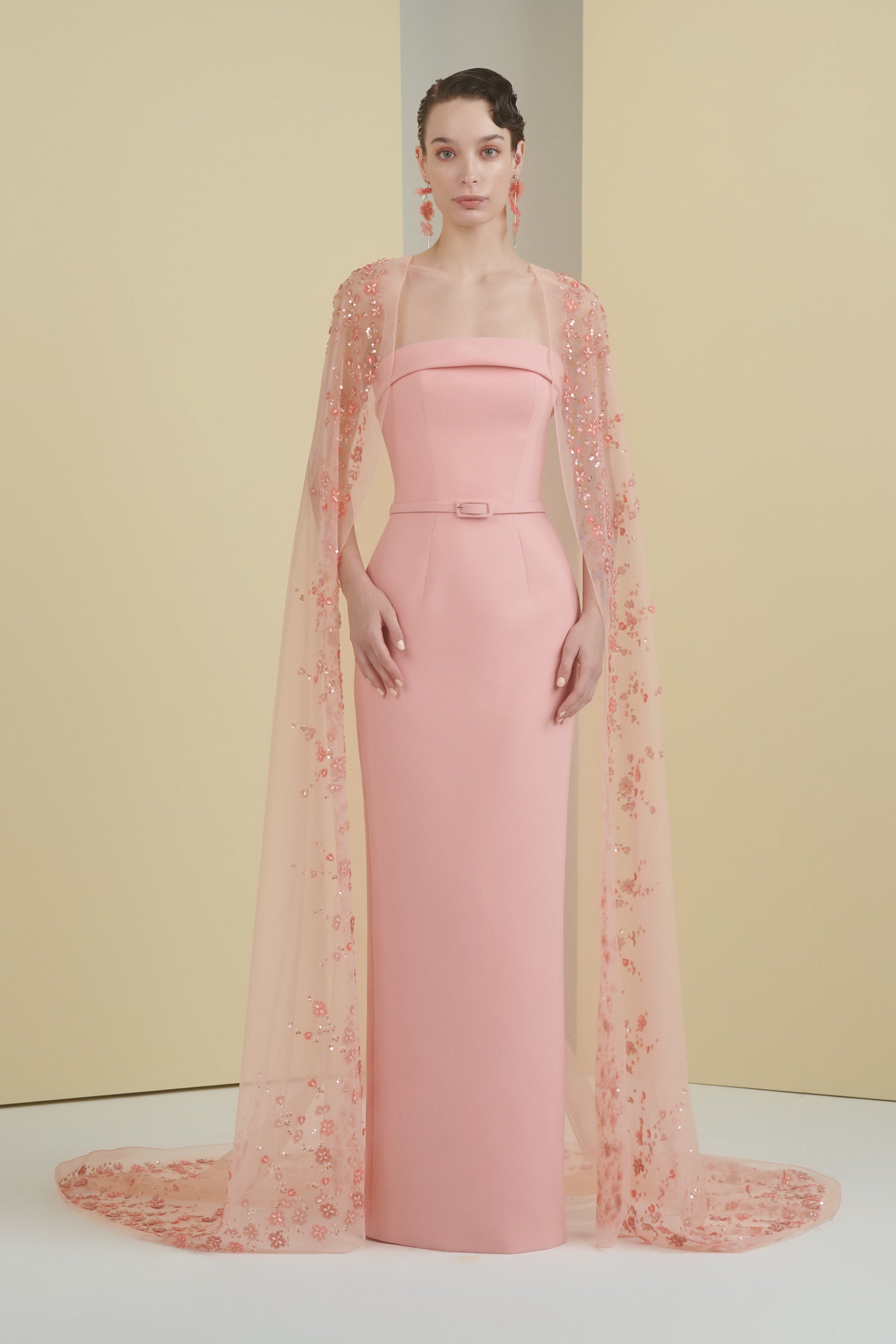 cape dress, column dress, beaded cape, cape, tulle cape, long dress, evening dress, full length, peach dress, mother of the bride, fitted dress, beading dress, 3d embellished dress, red carpet dress, strapless dress, ready to wear designer, evening dress Dubai, buy dress Dubai, fashion designer Dubai, SS24 collection, Spring summer collection, gala dress