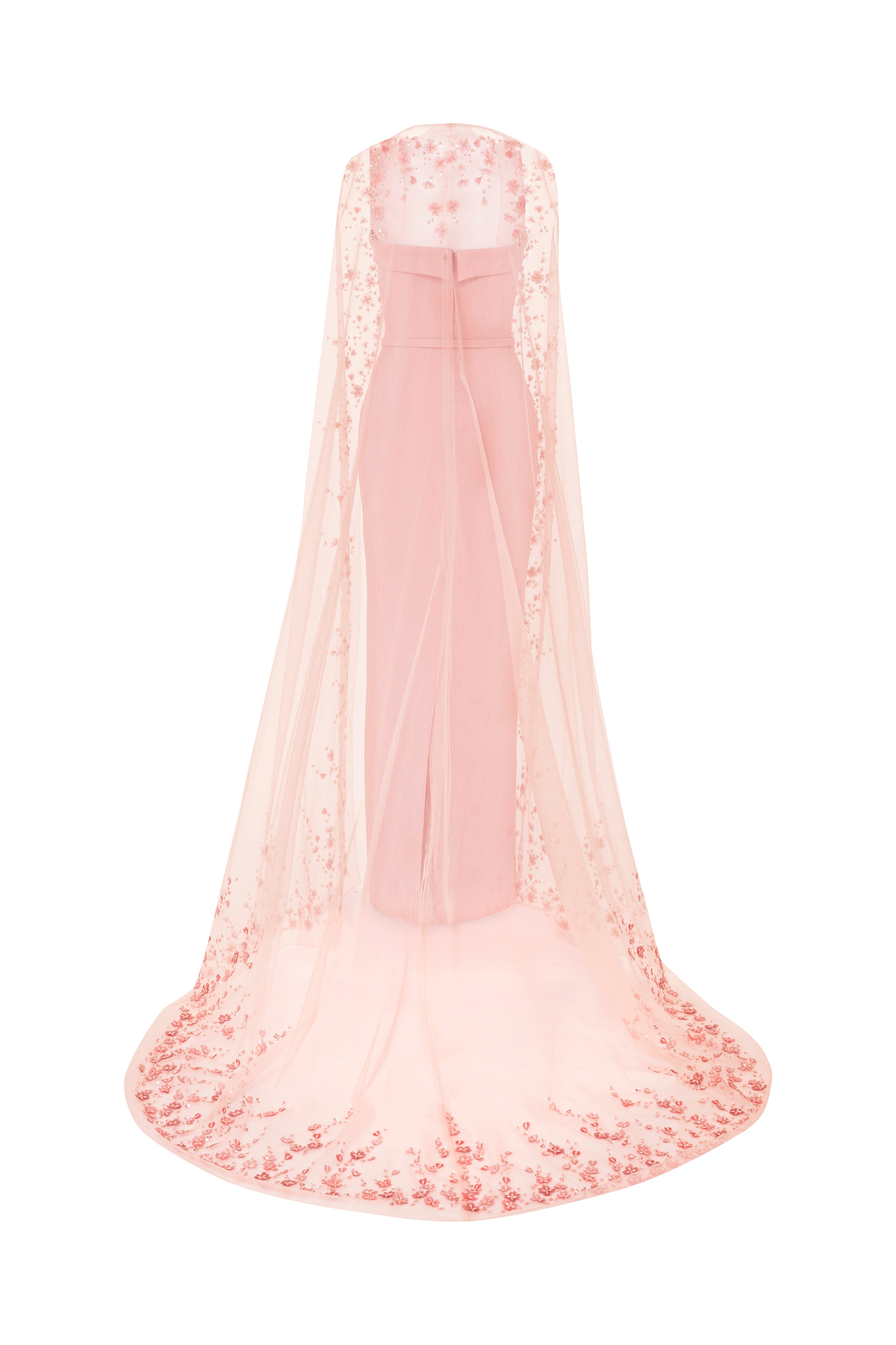 cape dress, column dress, beaded cape, cape, tulle cape, long dress, evening dress, full length, peach dress, mother of the bride, fitted dress, beading dress, 3d embellished dress, red carpet dress, strapless dress, ready to wear designer, evening dress Dubai, buy dress Dubai, fashion designer Dubai, SS24 collection, Spring summer collection, gala dress