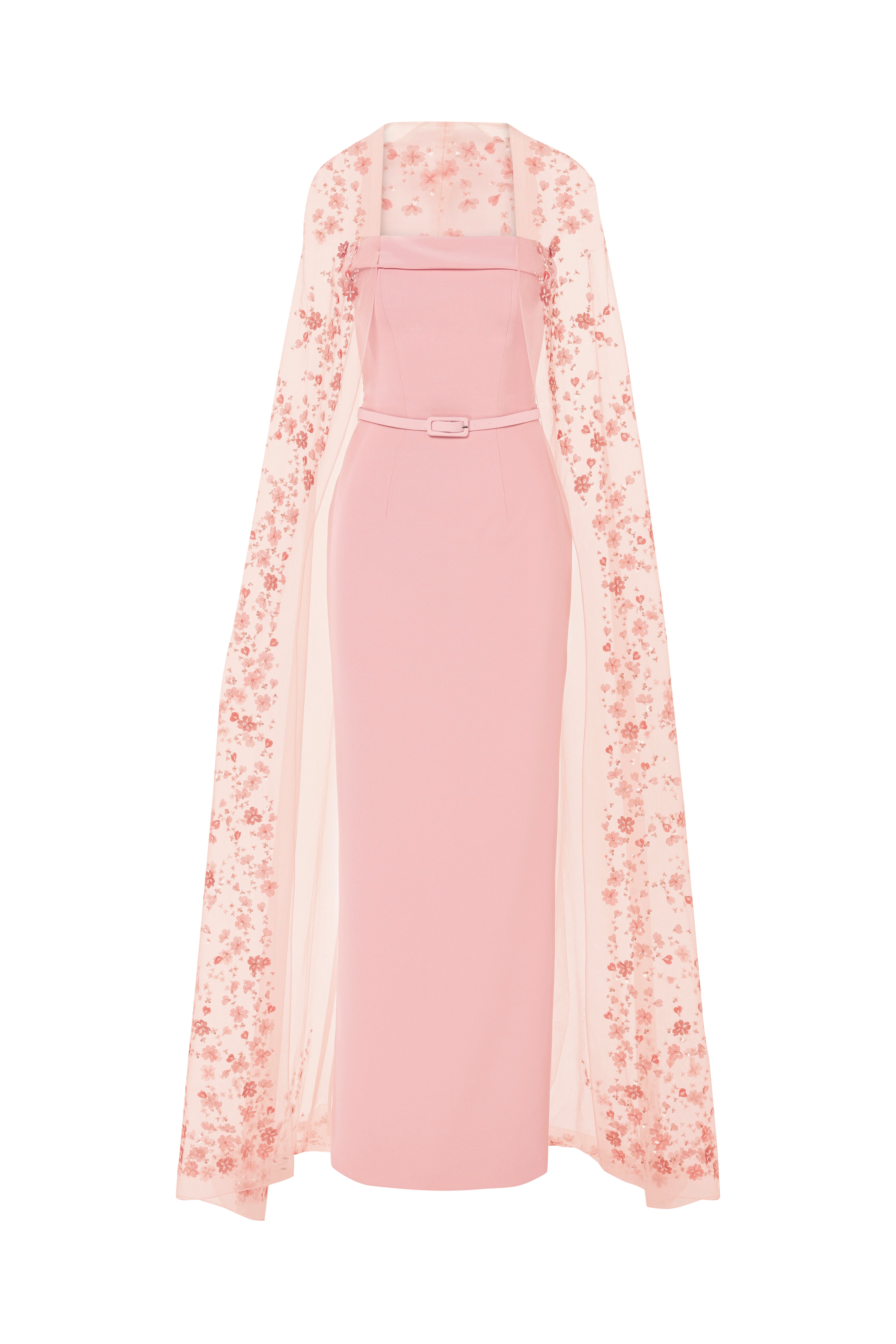 cape dress, column dress, beaded cape, cape, tulle cape, long dress, evening dress, full length, peach dress, mother of the bride, fitted dress, beading dress, 3d embellished dress, red carpet dress, strapless dress, ready to wear designer, evening dress Dubai, buy dress Dubai, fashion designer Dubai, SS24 collection, Spring summer collection, gala dress