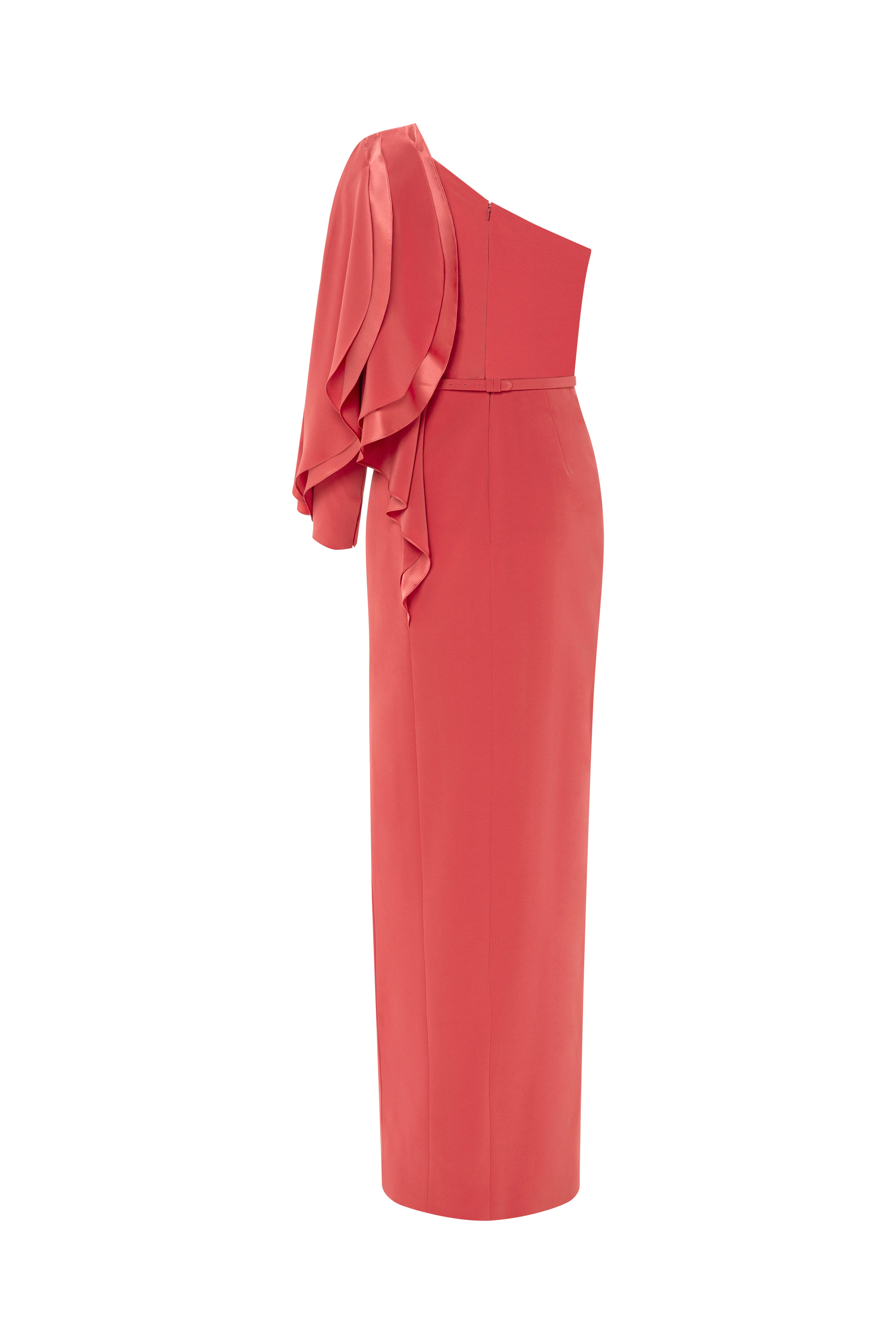 column dress, long dress, evening dress, red dress, dress with slit, full length, mother of the bride dress, one shoulder dress, asymmetrical neckline, one sleeve dress, ruffle dress, red carpet dress, ready to wear designer, evening dress Dubai, buy dress Dubai, fashion designer Dubai, SS24 collection, Spring summer collection, gala dress