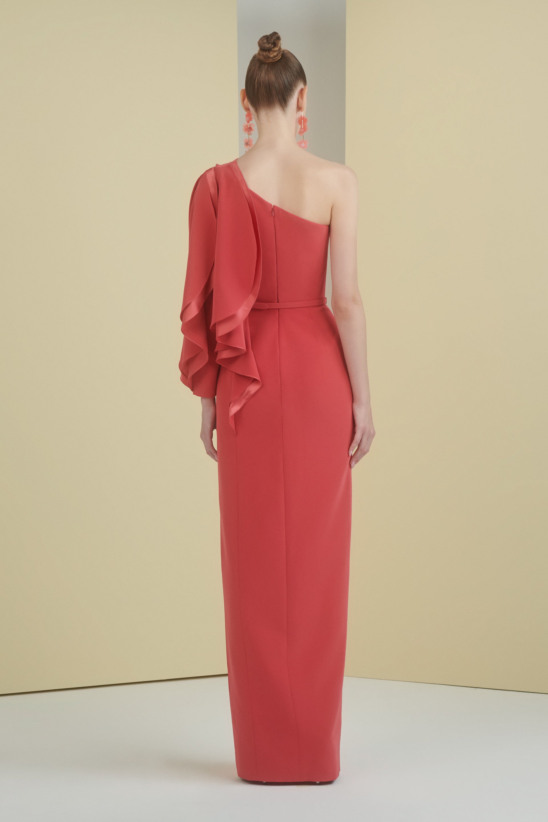 column dress, long dress, evening dress, red dress, dress with slit, full length, mother of the bride dress, one shoulder dress, asymmetrical neckline, one sleeve dress, ruffle dress, red carpet dress, ready to wear designer, evening dress Dubai, buy dress Dubai, fashion designer Dubai, SS24 collection, Spring summer collection, gala dress