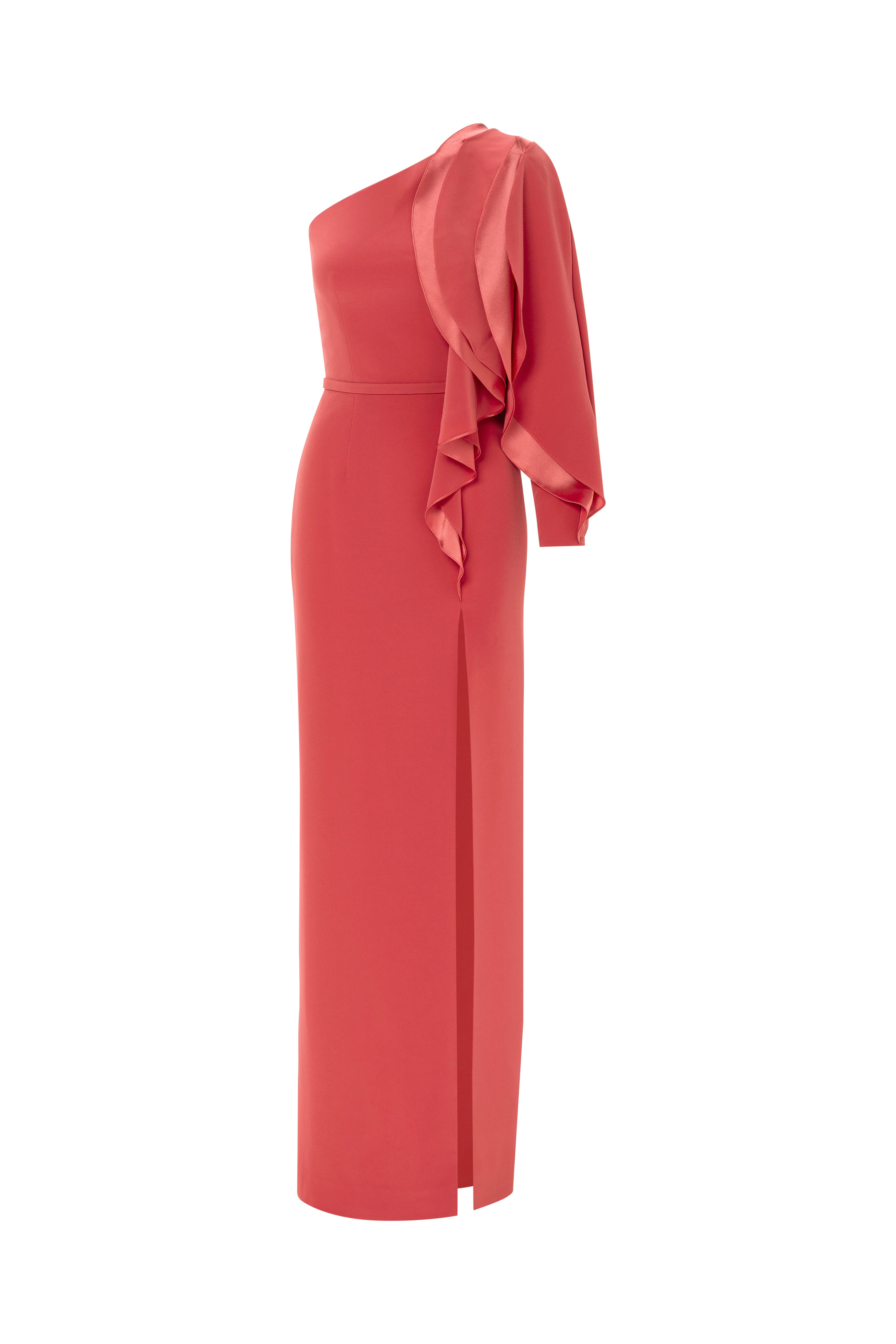 column dress, long dress, evening dress, red dress, dress with slit, full length, mother of the bride dress, one shoulder dress, asymmetrical neckline, one sleeve dress, ruffle dress, red carpet dress, ready to wear designer, evening dress Dubai, buy dress Dubai, fashion designer Dubai, SS24 collection, Spring summer collection, gala dress