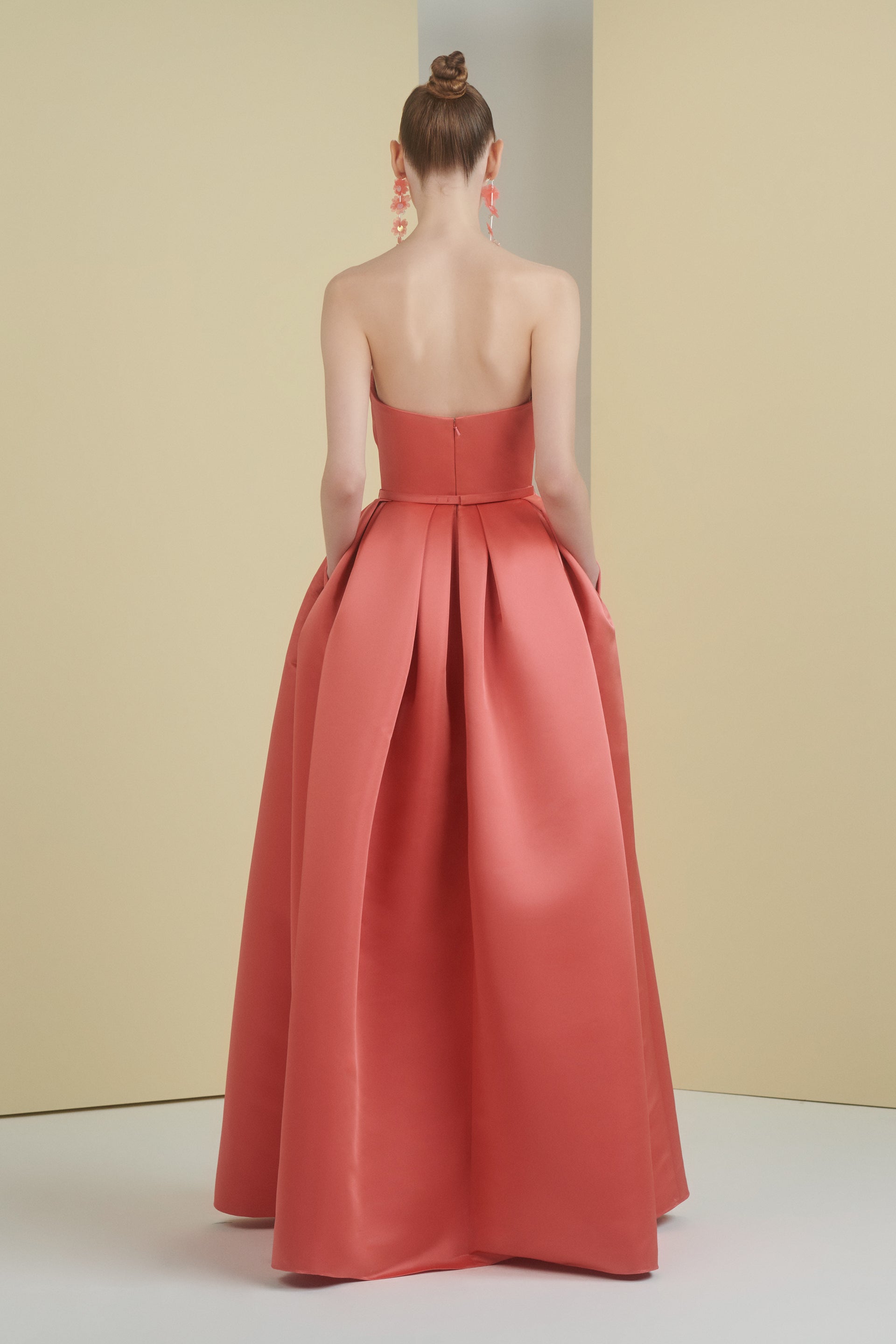 ballgown, bridemaids dress, red dress, strapless dress, pleated dress, full length, long dress, princess dress, maxi dress, evening dress, dress with pockets, red carpet dress, ready to wear designer, evening dress Dubai, buy dress Dubai, fashion designer Dubai, SS24 collection, Spring summer collection, gala dress