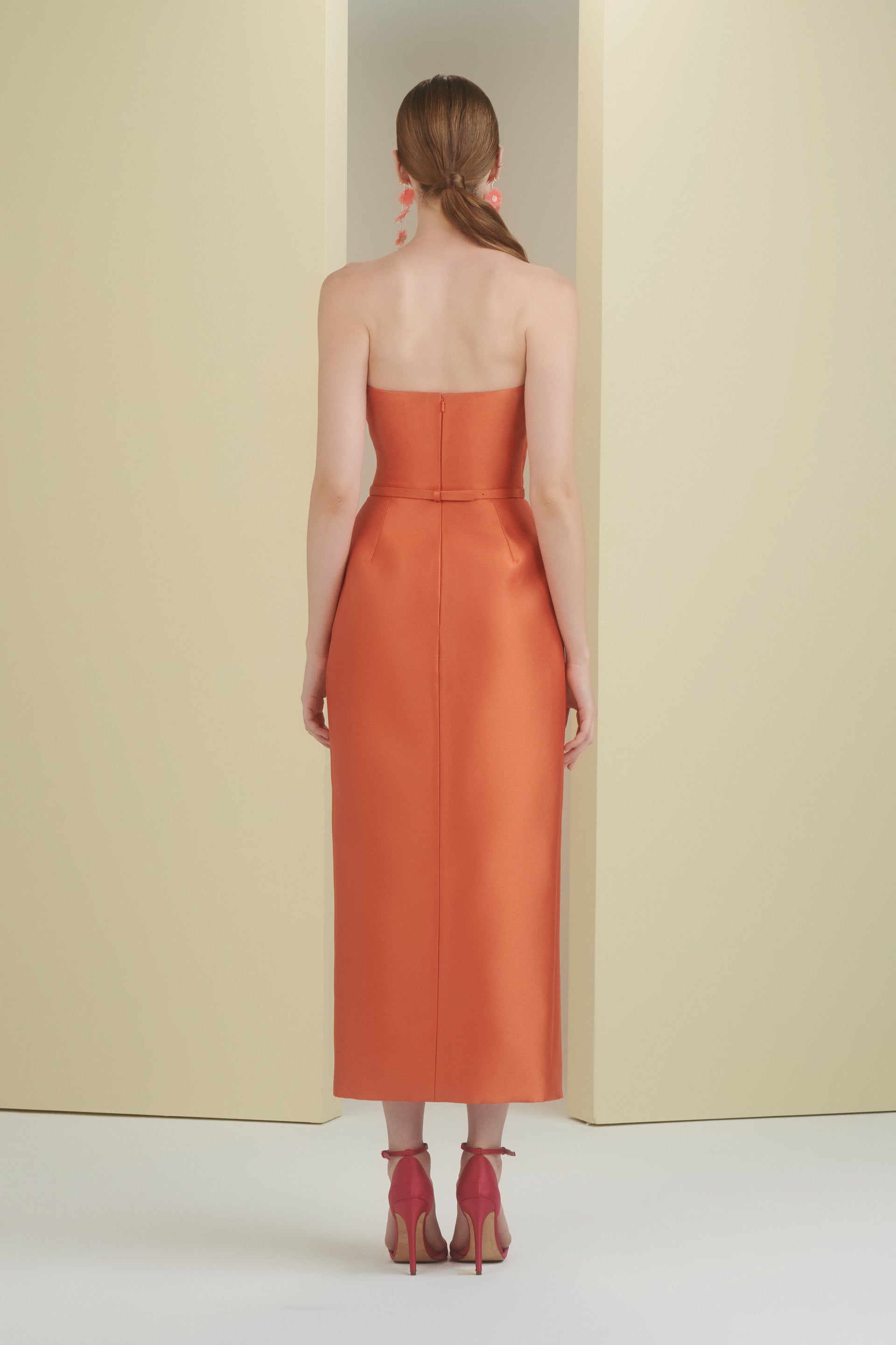 midi length, sculptural, column dress, beaded midi dress, party dress, dress wth slit, tangerine dress, orange dress, colour block dress, fitted dress, beading dress, 3d embellished dress, red carpet dress, strapless dress, ready to wear designer, evening dress Dubai, buy dress Dubai, fashion designer Dubai, SS24 collection, Spring summer collection, gala dress