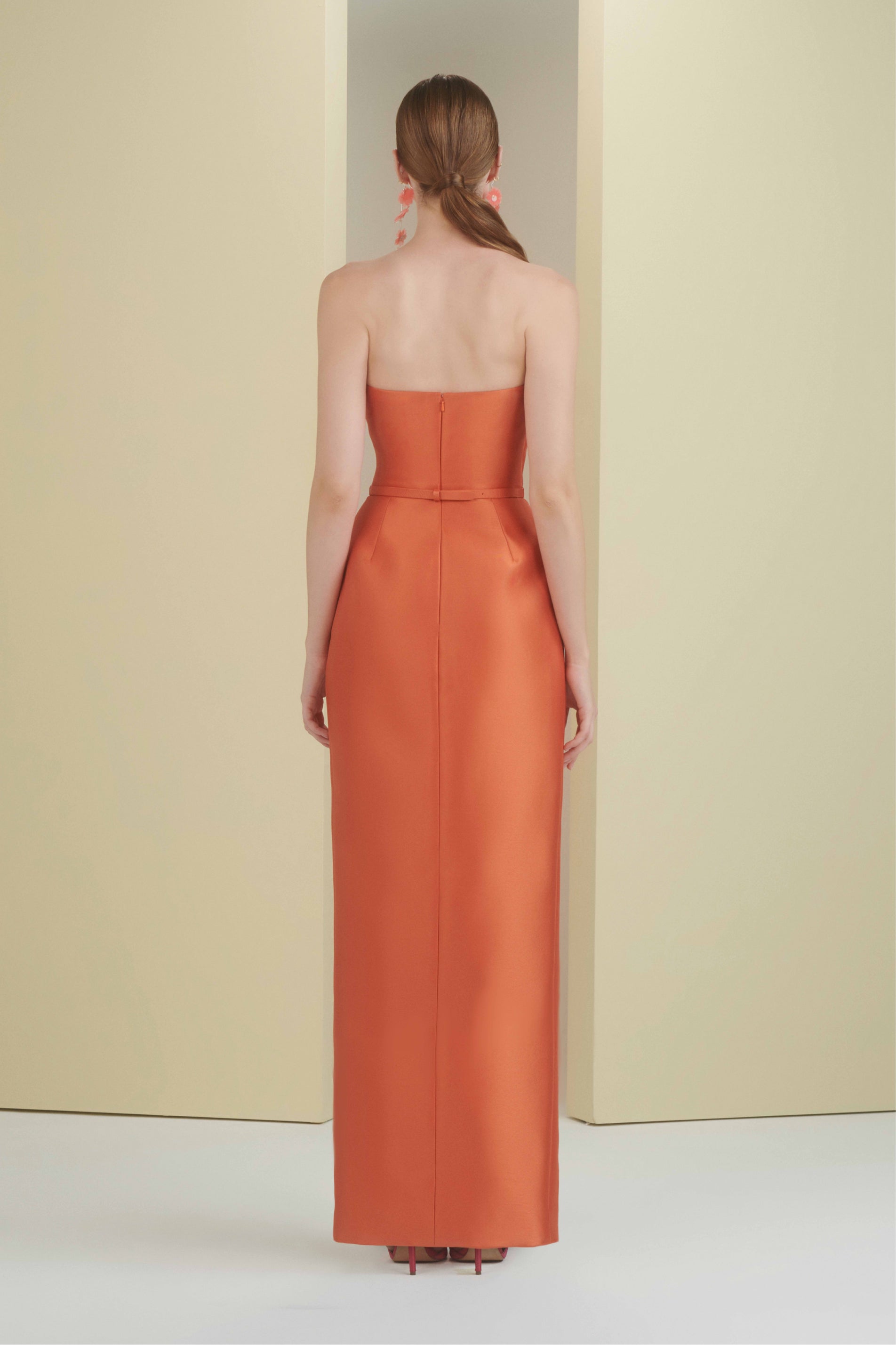 full length, sculptural, column dress, beaded long dress, party dress, dress wth slit, tangerine dress, orange dress, colour block dress, fitted dress, beading dress, 3d embellished dress, red carpet dress, strapless dress, ready to wear designer, evening dress Dubai, buy dress Dubai, fashion designer Dubai, SS24 collection, Spring summer collection, gala dress
