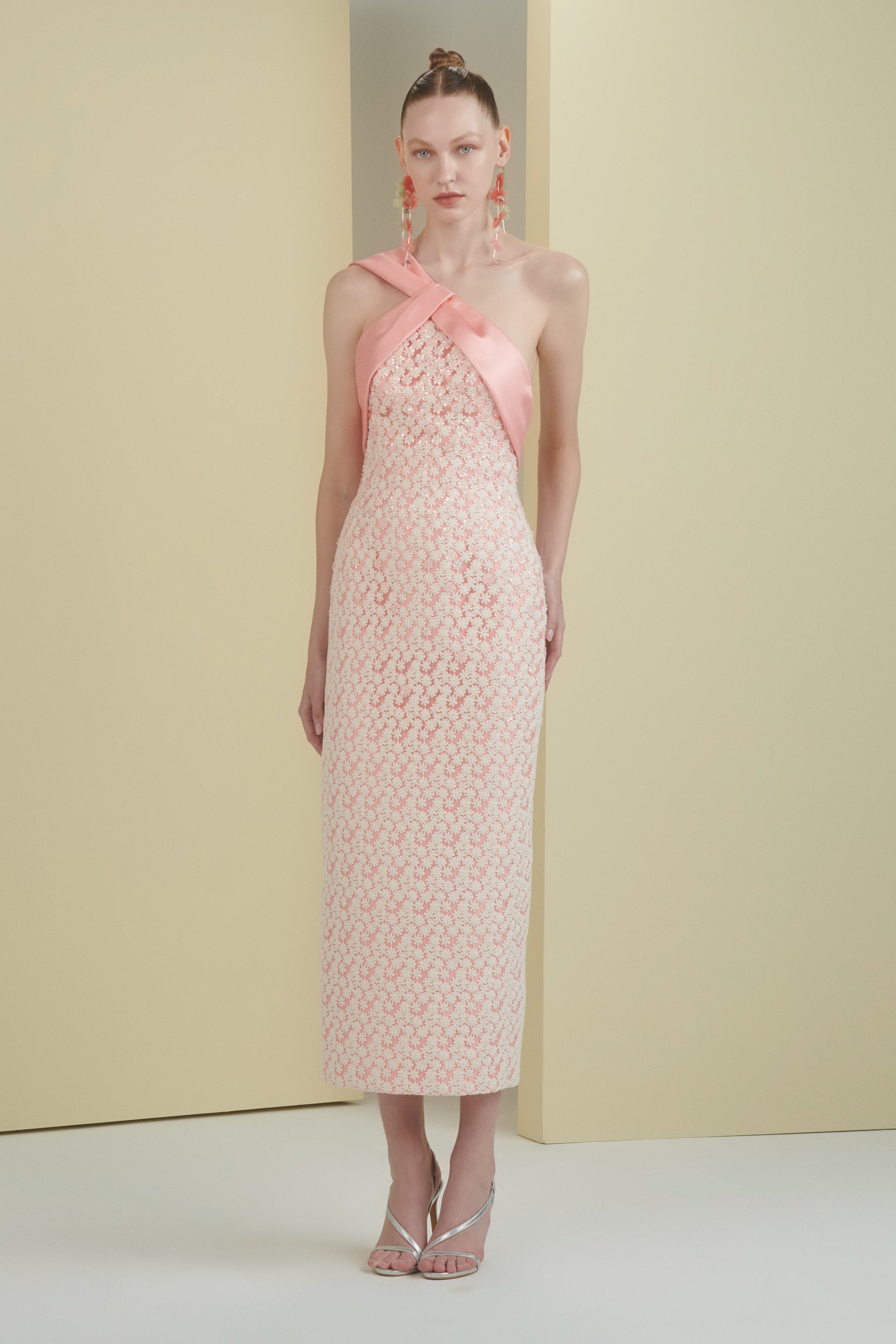 embroidery, column midi dress, one shoulder, asymmetrical neckline, guipure lace, midi length, fitted dress, cream dress, floral, beading dress, 3d embellished dress, red carpet dress, ready to wear designer, evening dress Dubai, buy dress Dubai, fashion designer Dubai, SS24 collection, Spring summer collection, gala dress
