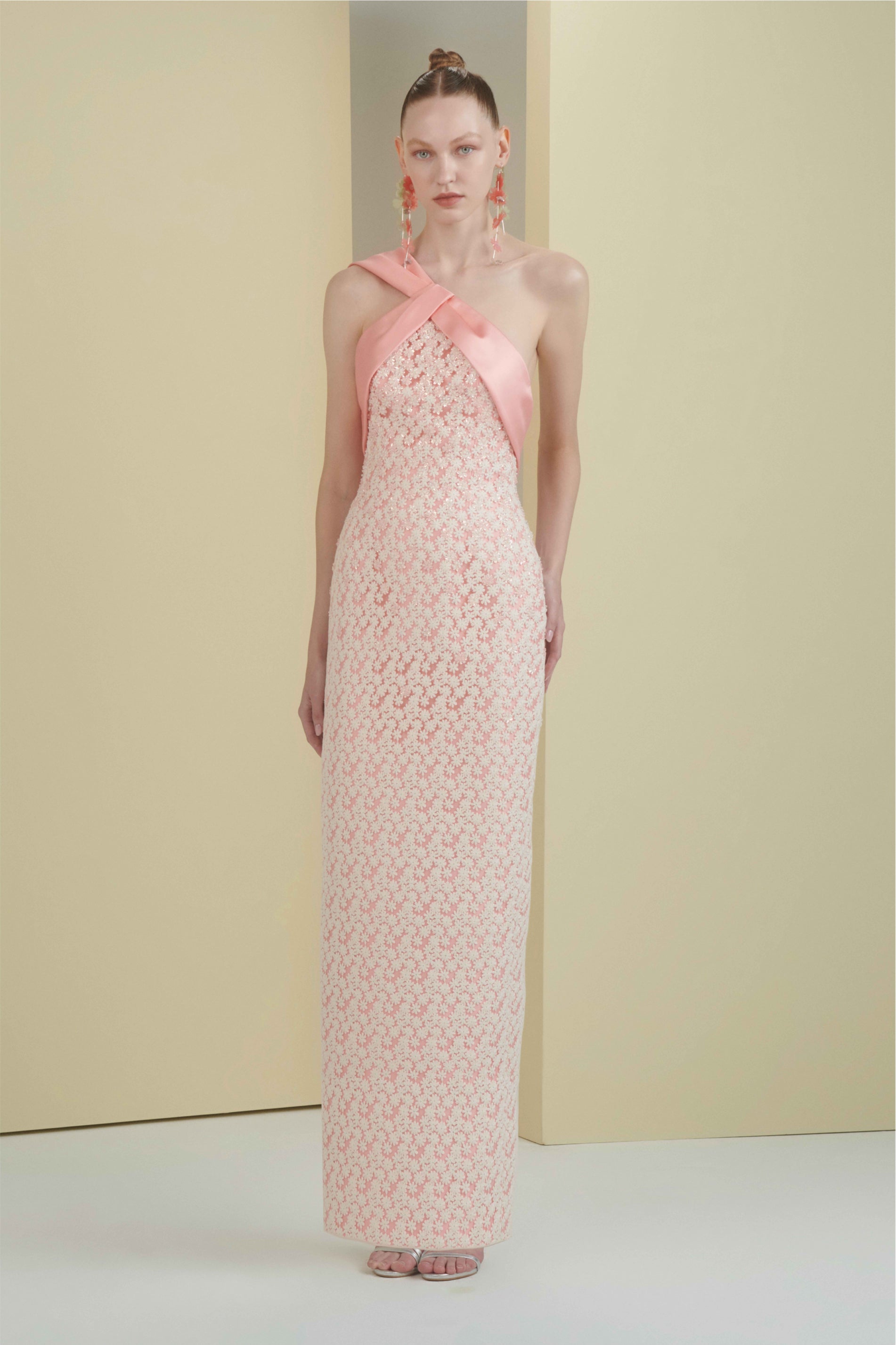 embroidery, column midi dress, one shoulder, asymmetrical neckline, guipure lace, midi length, fitted dress, cream dress, floral, beading dress, 3d embellished dress, red carpet dress, ready to wear designer, evening dress Dubai, buy dress Dubai, fashion designer Dubai, SS24 collection, Spring summer collection, gala dress