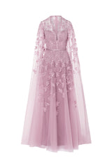 mother of the bride, floral, lavender dress, embroidery, beading, dress with sleeves, v neckline, guipure lace tulle skirt, ball gown, long dress, evening dress, beading dress, 3d embellished dress, red carpet dress, ready to wear designer, evening dress Dubai, buy dress Dubai, fashion designer Dubai, SS24 collection, Spring summer collection, gala dress