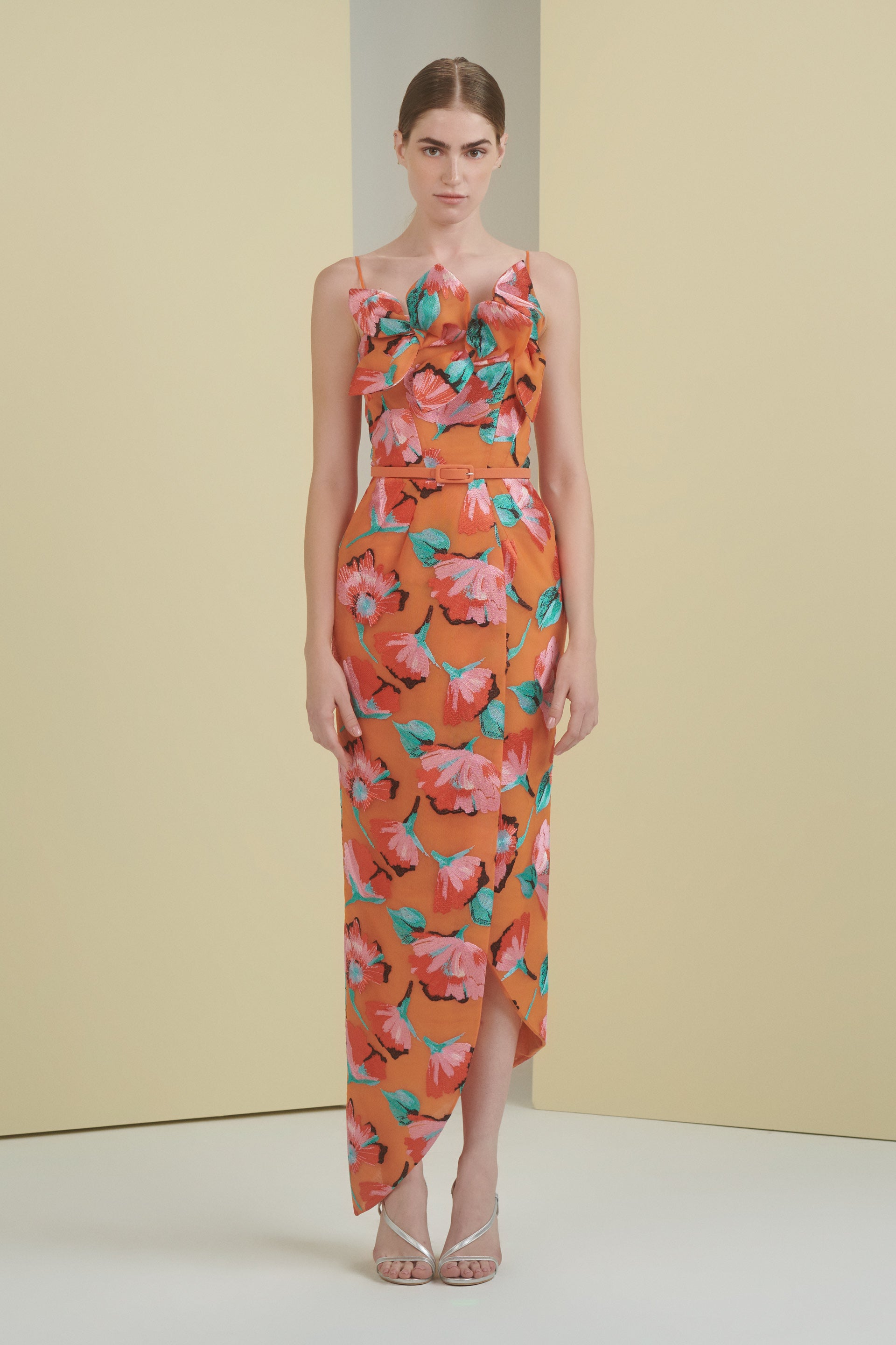 midi dress, sculptural, floral, flowers, embroidered tulle, tangerine dress, orange dress, midi dress with slit, asymmetrical hemline, midi dress with straps, ready to wear designer, evening dress Dubai, buy dress Dubai, fashion designer Dubai, SS24 collection, Spring summer collection, gala dress