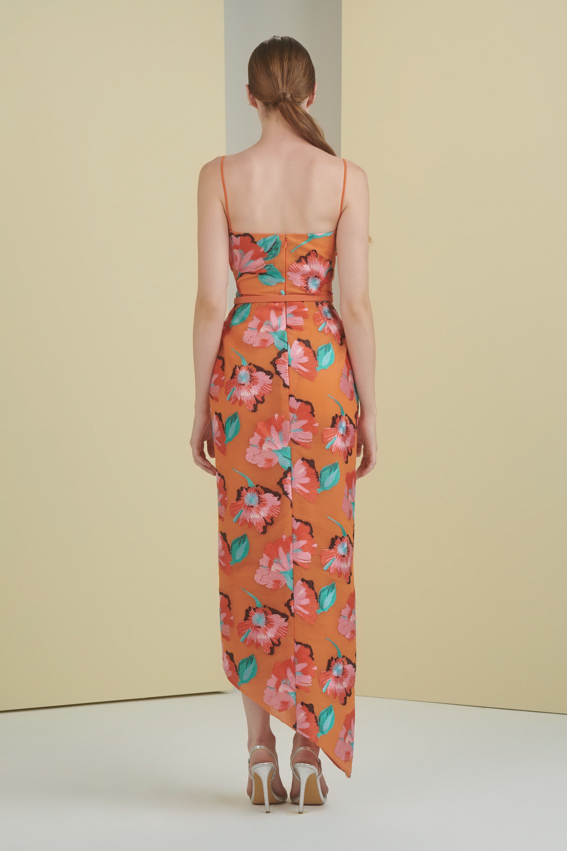 midi dress, sculptural, floral, flowers, embroidered tulle, tangerine dress, orange dress, midi dress with slit, asymmetrical hemline, midi dress with straps, ready to wear designer, evening dress Dubai, buy dress Dubai, fashion designer Dubai, SS24 collection, Spring summer collection, gala dress