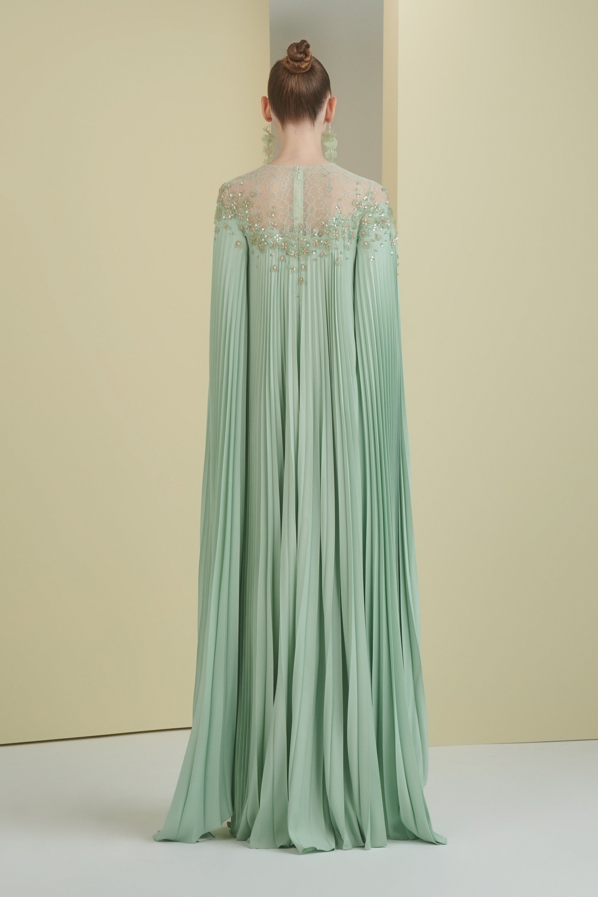 asymmetrical neckline, sunray pleated dress, beaded cape, cape, satin dress, long dress, evening dress, sunray pleat, pleated, beading dress, 3d embellished dress, red carpet dress, ready to wear designer, evening dress Dubai, buy dress Dubai, fashion designer Dubai, SS24 collection, Spring summer collection, gala dress