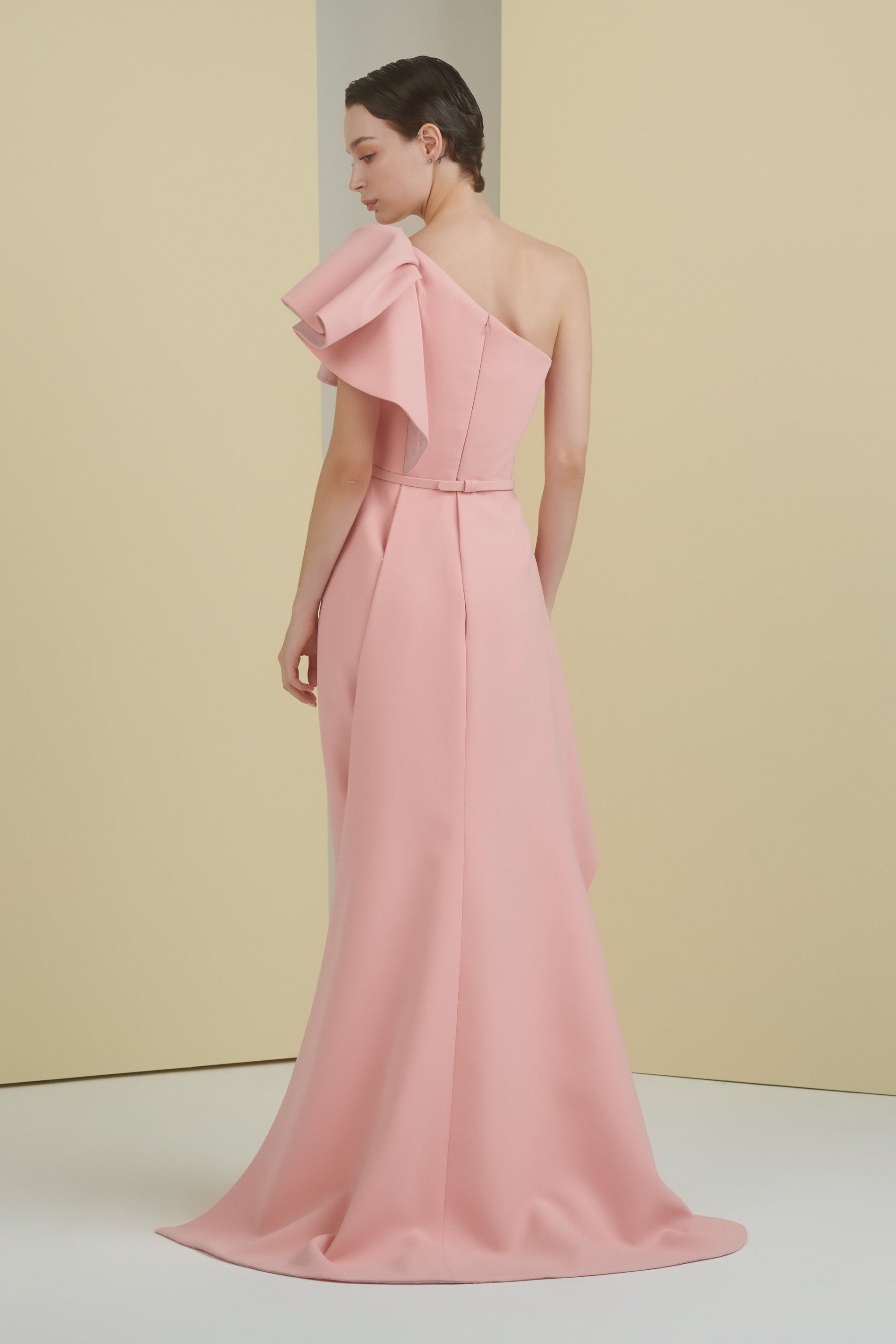 peach jumpsuit, jumpsuit, asymmetrical jumpsuit, ruffle jumpsuit, asymmetrical neckline jumpsuit, colour block jumpsuit, sequin jumpsuit, party jumpsuit, ready to wear designer, jumpsuit Dubai, buy jumpsuit Dubai, fashion designer Dubai, SS24 collection, Spring summer collection, gala jumpsuit