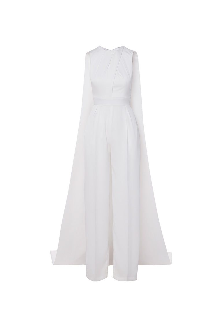 Bridal jumpsuit with crepe cap and pleated pants